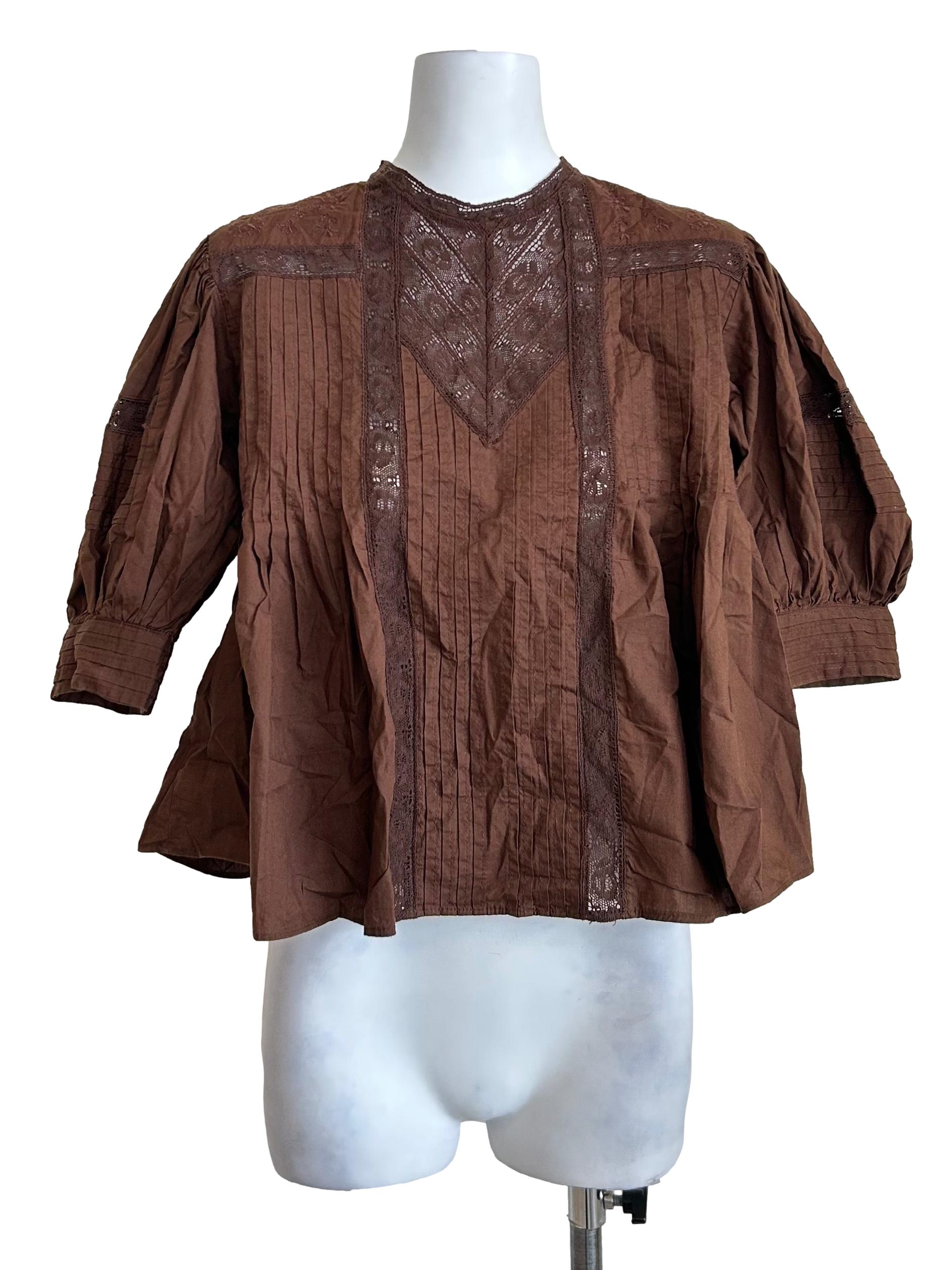 Mocha Brown Pintuck Lace Trim Blouse