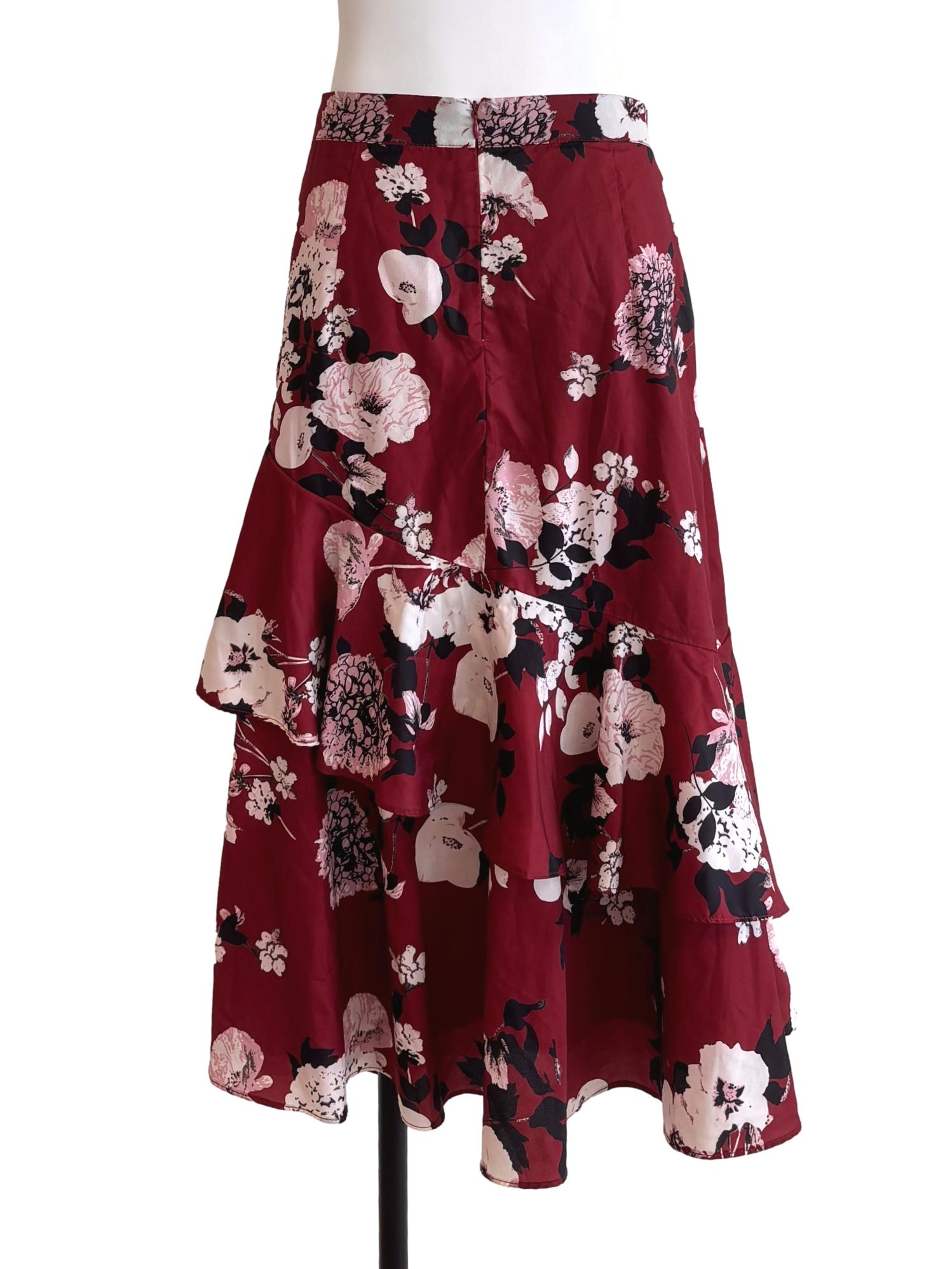 Red Floral Asymmetric Ruffle Skirt