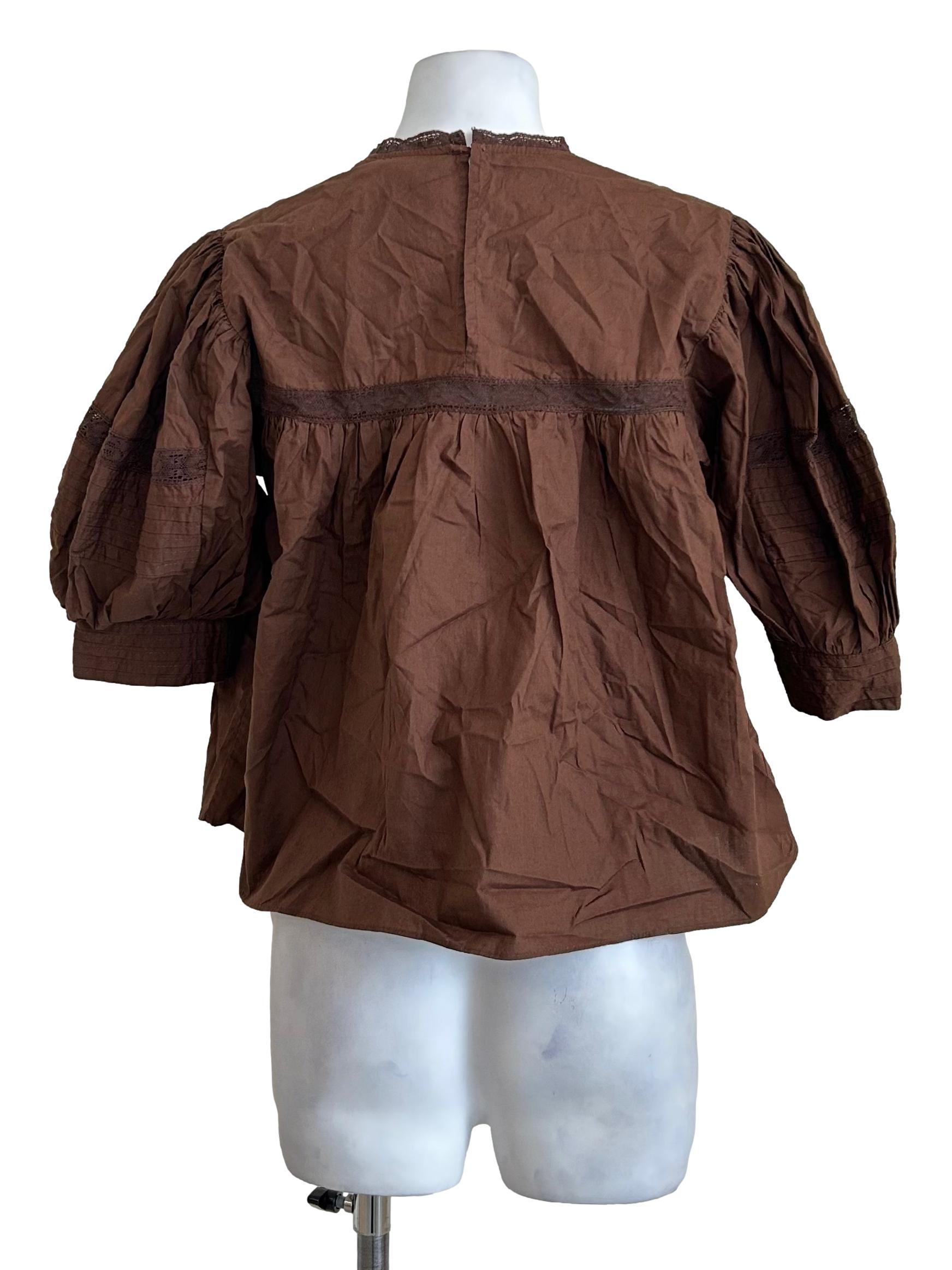 Mocha Brown Pintuck Lace Trim Blouse