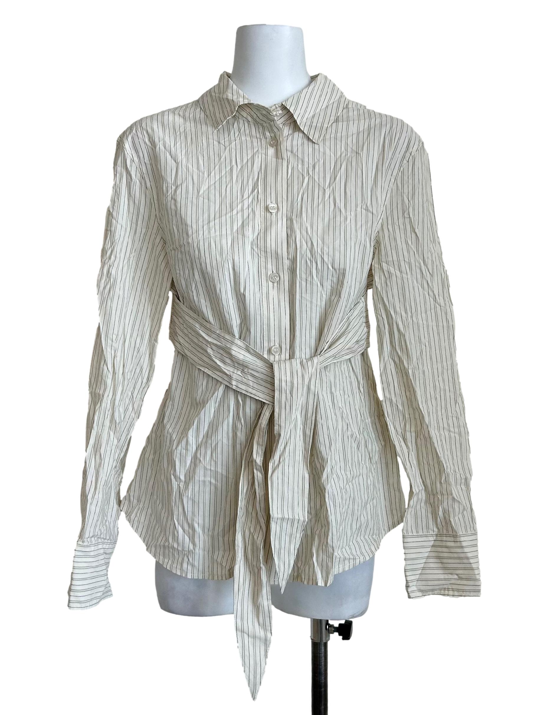 Cream Striped Long Sleeve Tie Shirt