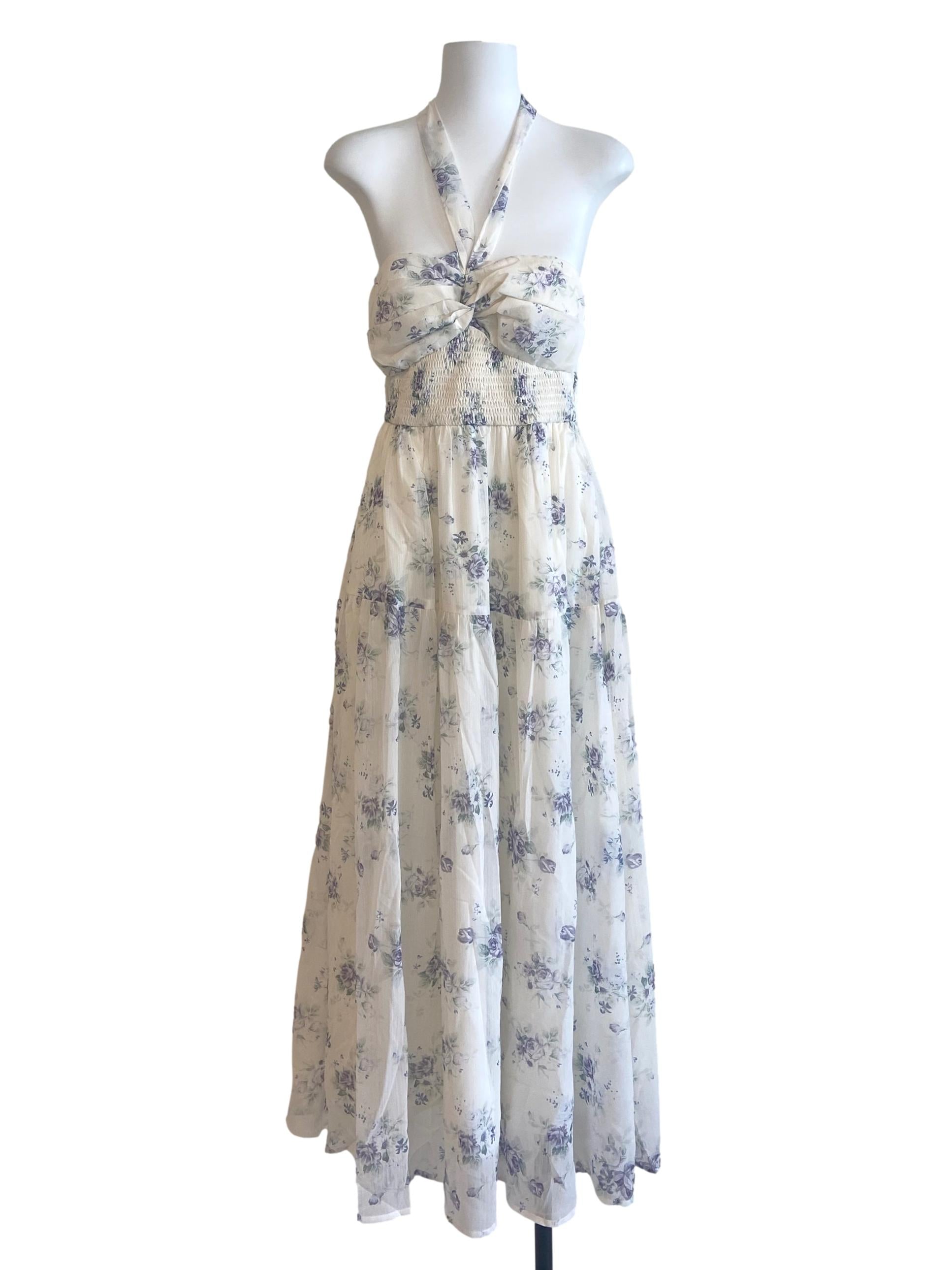 White Halter Neck Floral Empire Dress