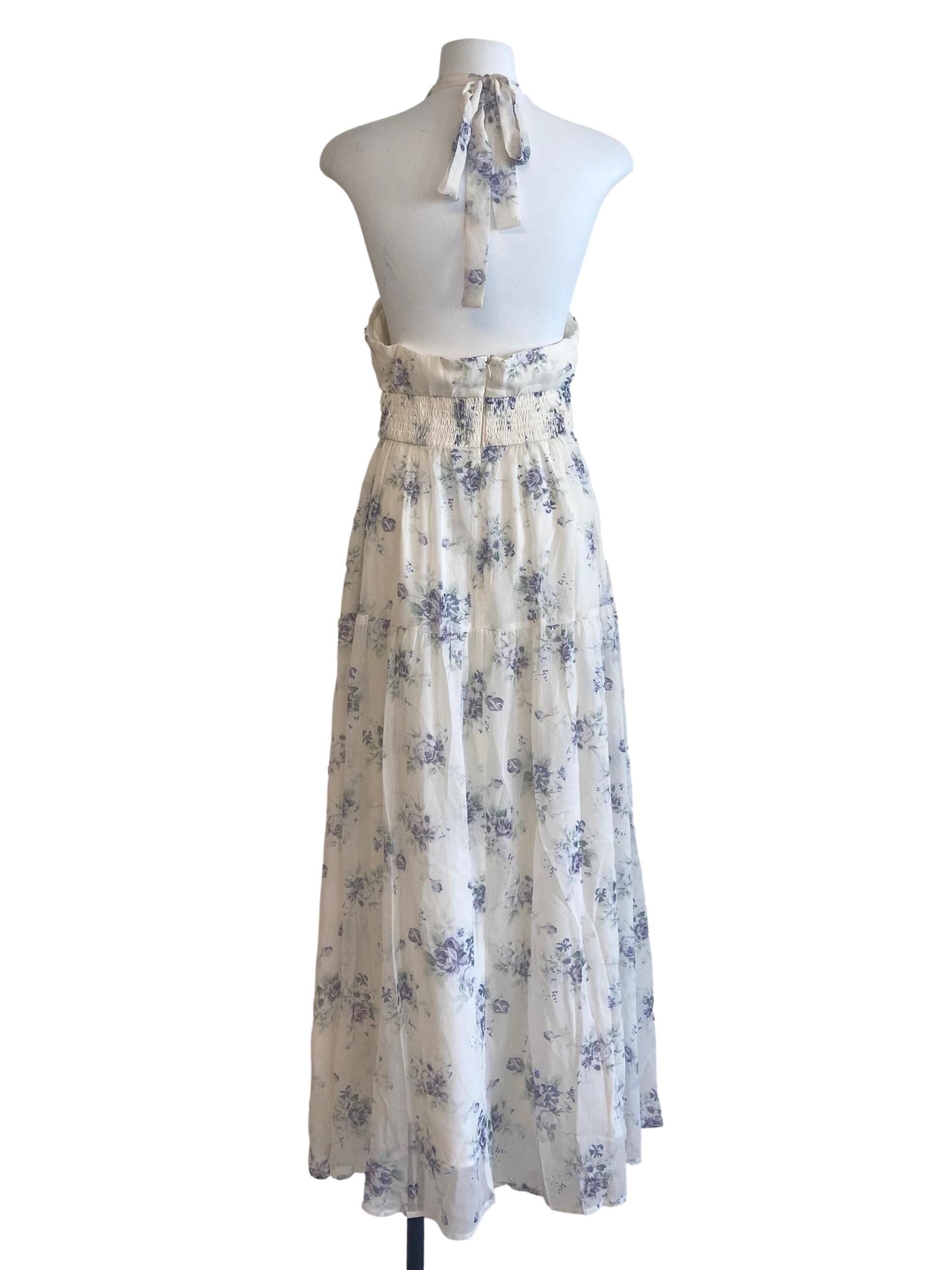 White Halter Neck Floral Empire Dress