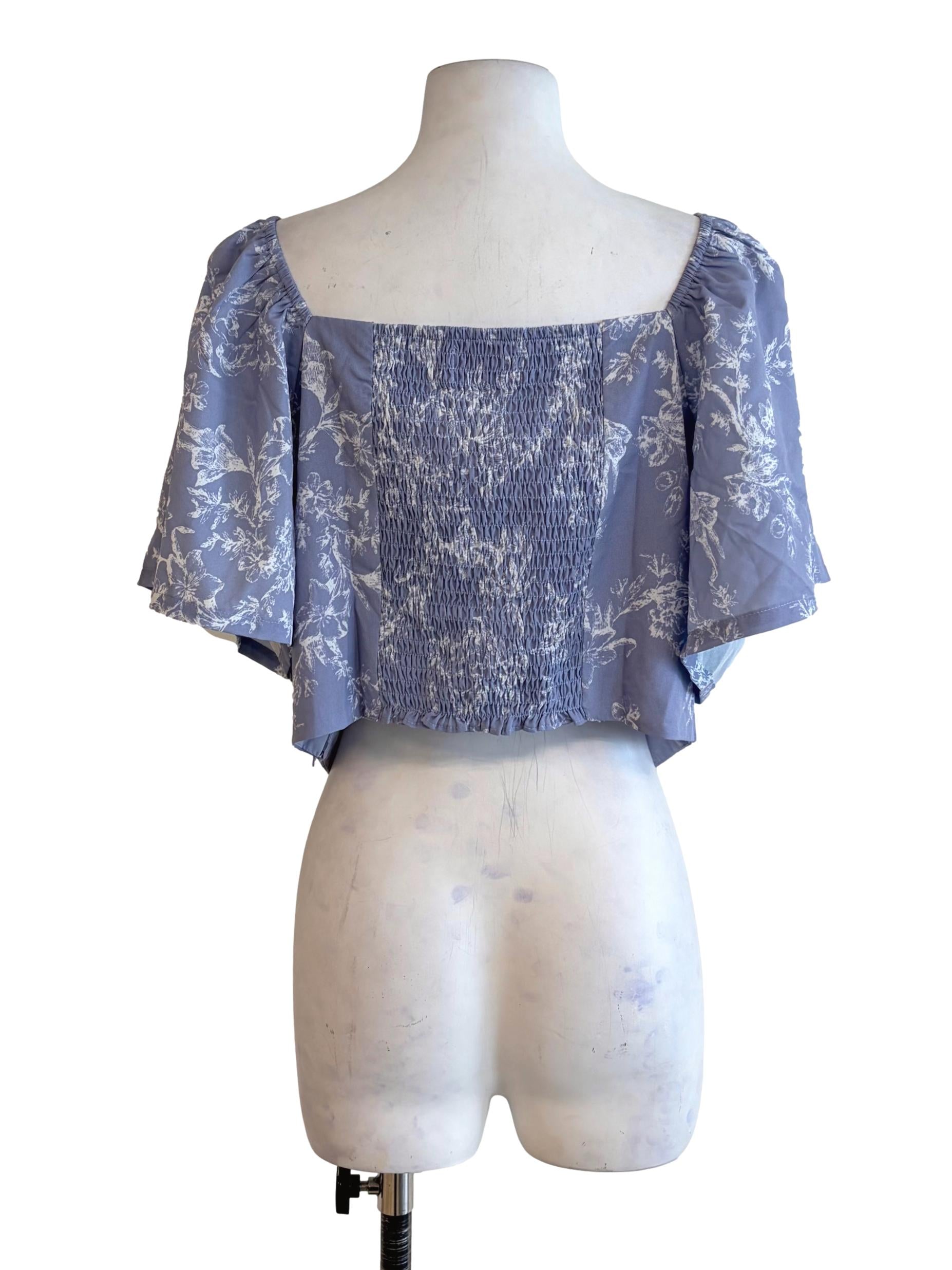 Cerulean Blue White Floral Motive Printed Flare Sleeve Crop Top