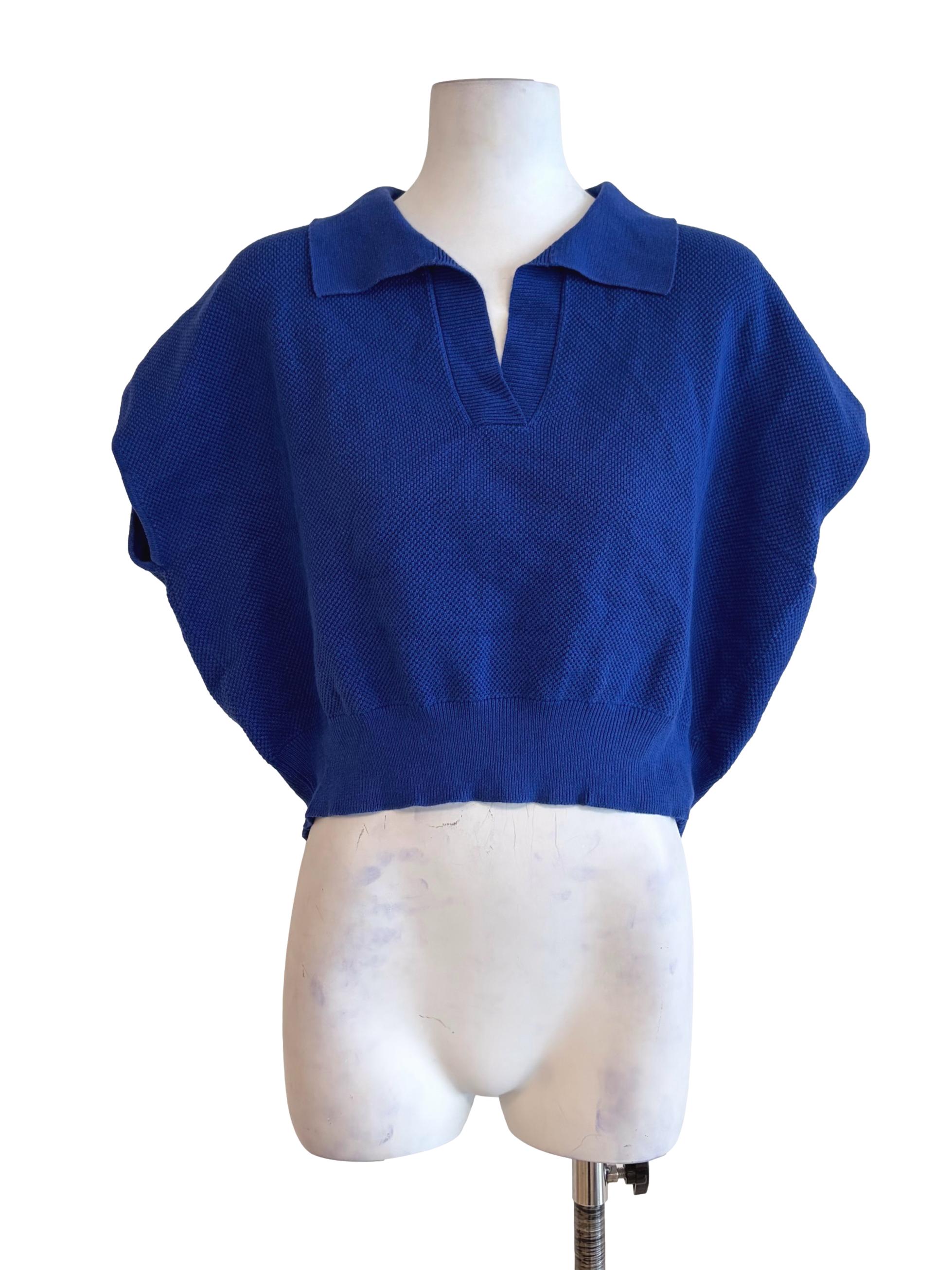 Admiral Blue Collared Knit Short Sleeve Crop Top TCL
