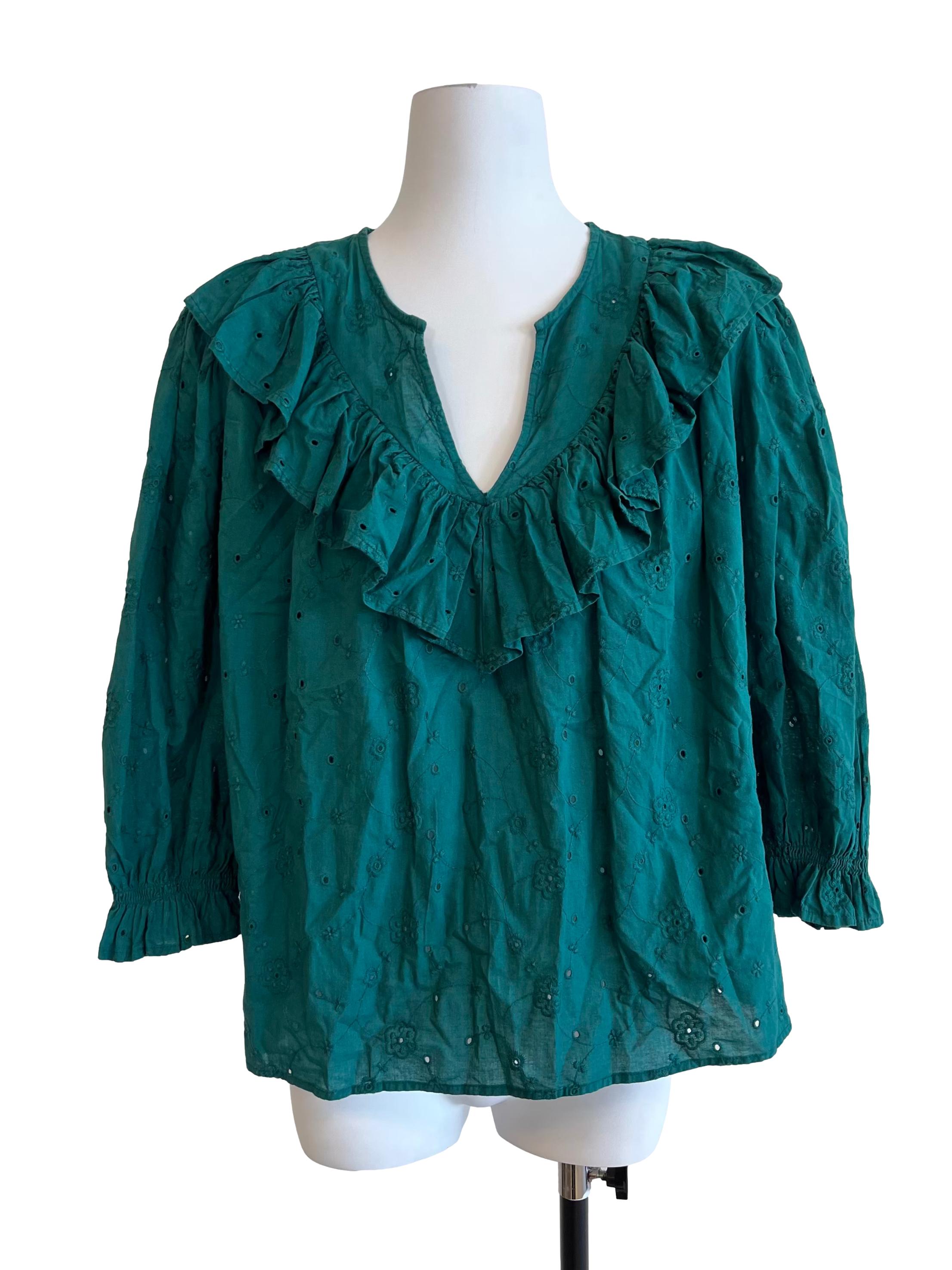 Emerald Green Ruffle V Neck Blouse