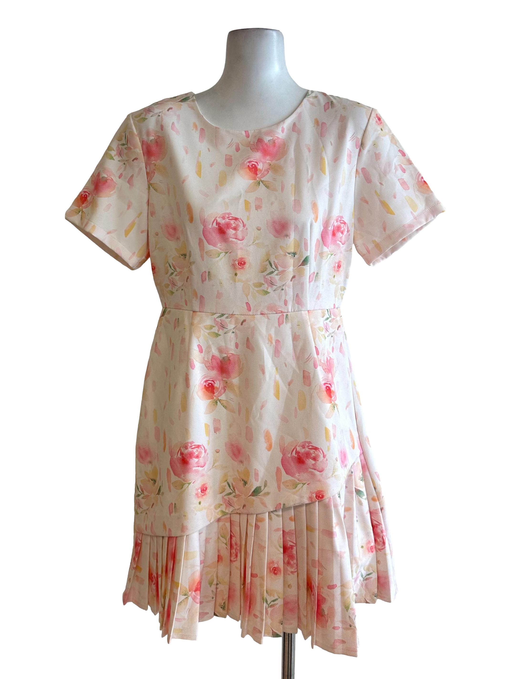 Cream Pink Pleated Floral Dress TCL