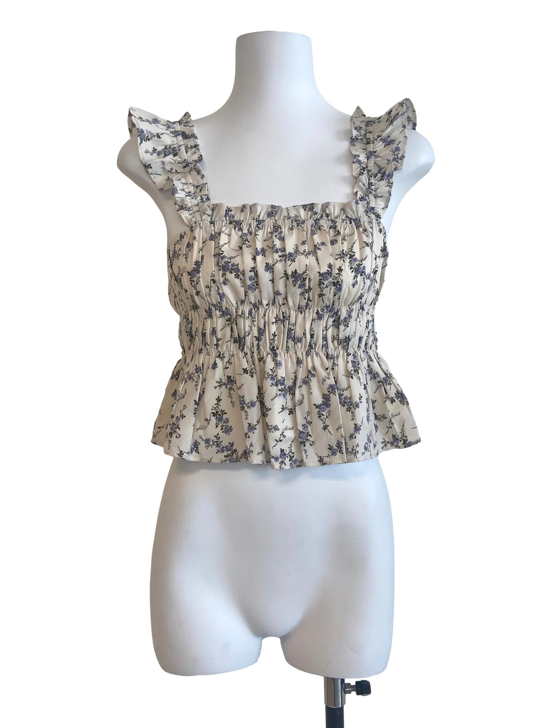 White Floral Sleeveless Pegged Waist Top