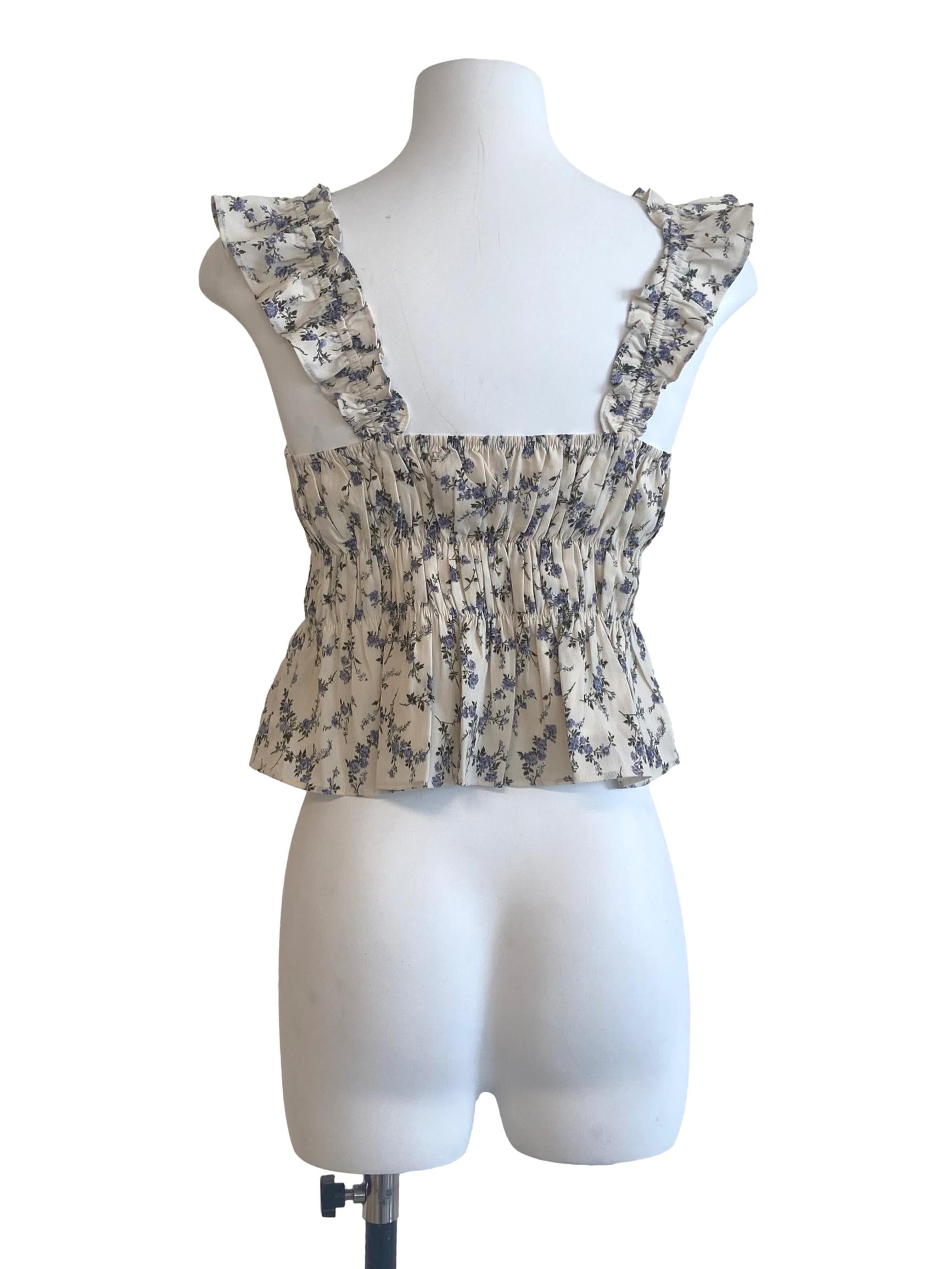 White Floral Sleeveless Pegged Waist Top