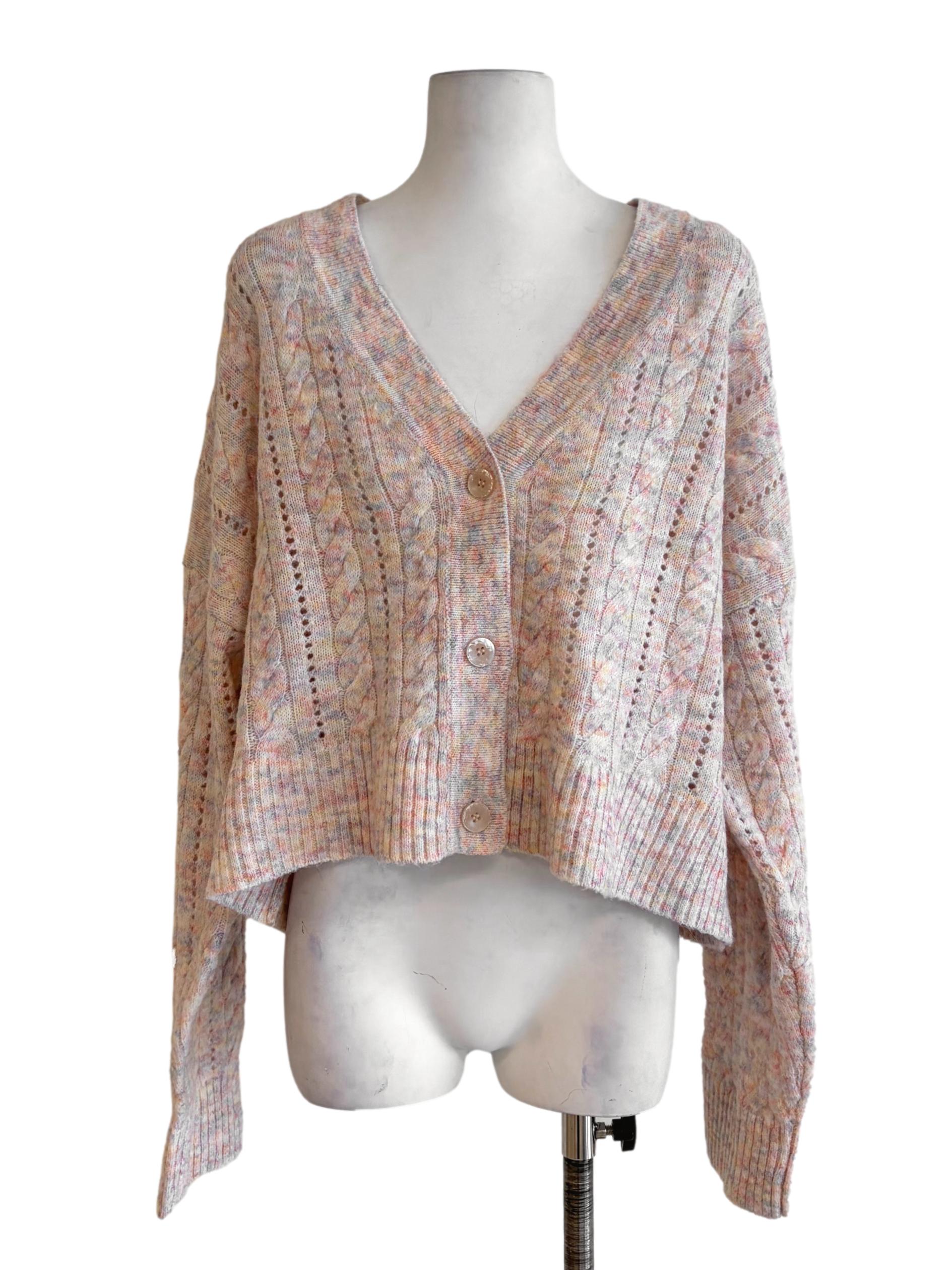 Pastel Pink Multi Coloured Knitted Crop Cardigan LB