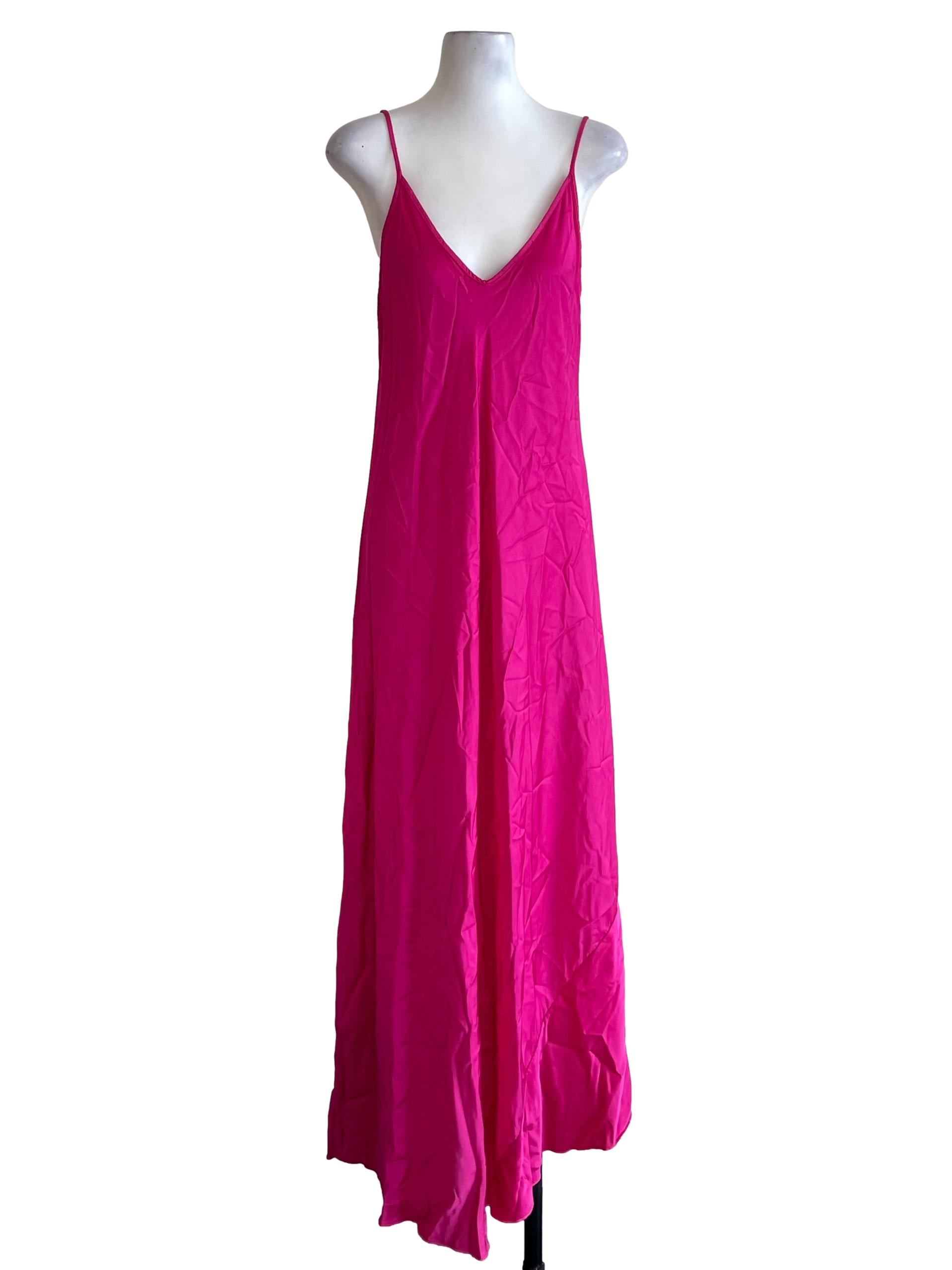 Hot Pink V Neck Satin Cami Dress