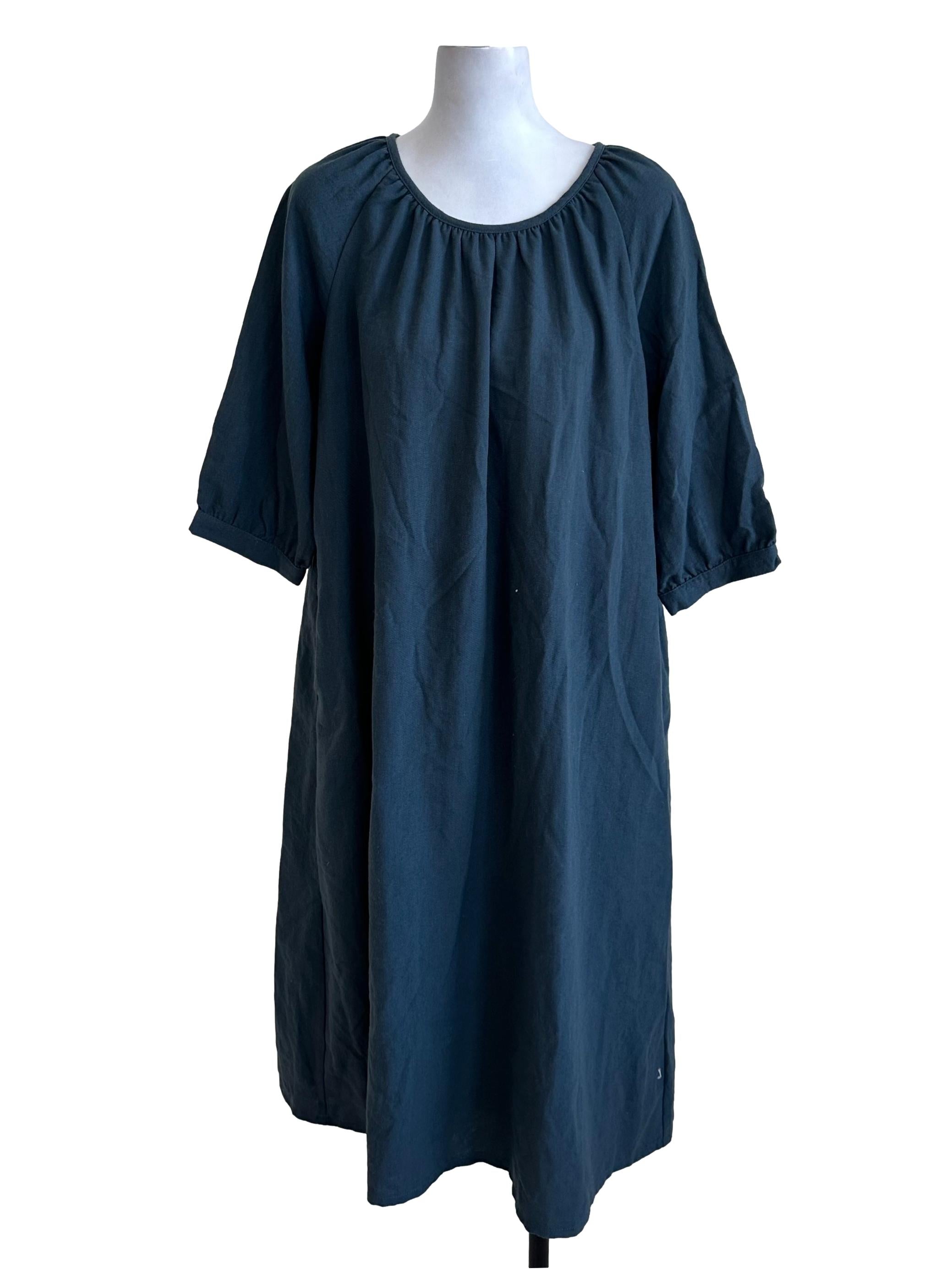 Spruce Blue Round Neck Puffed Sleeve Dress