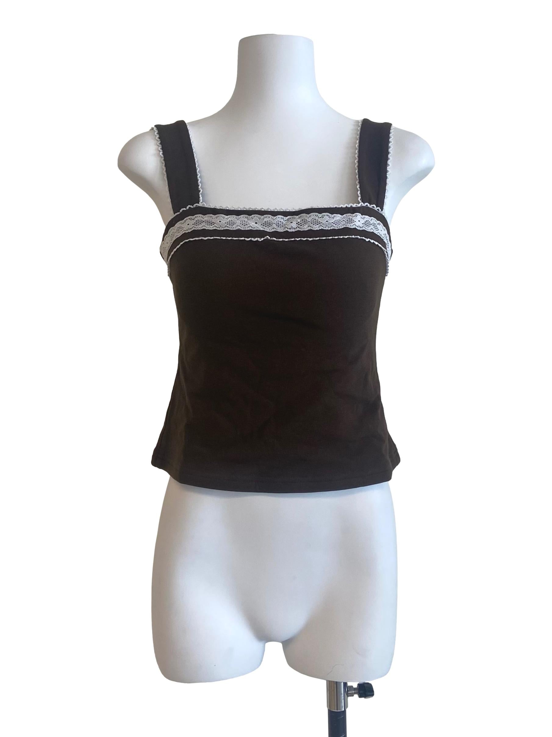 Coffee Brown Sleeveless Pencil Stripe Lace Top