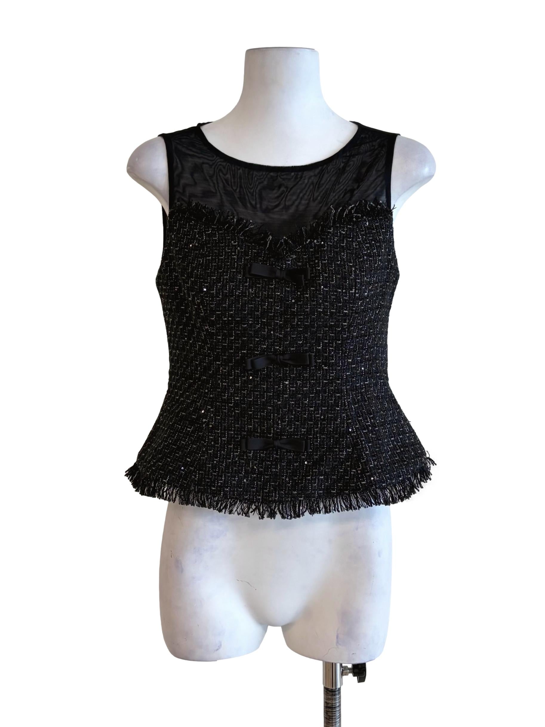 Onyx Black Tweed Ribbon Front Sleeveless Top