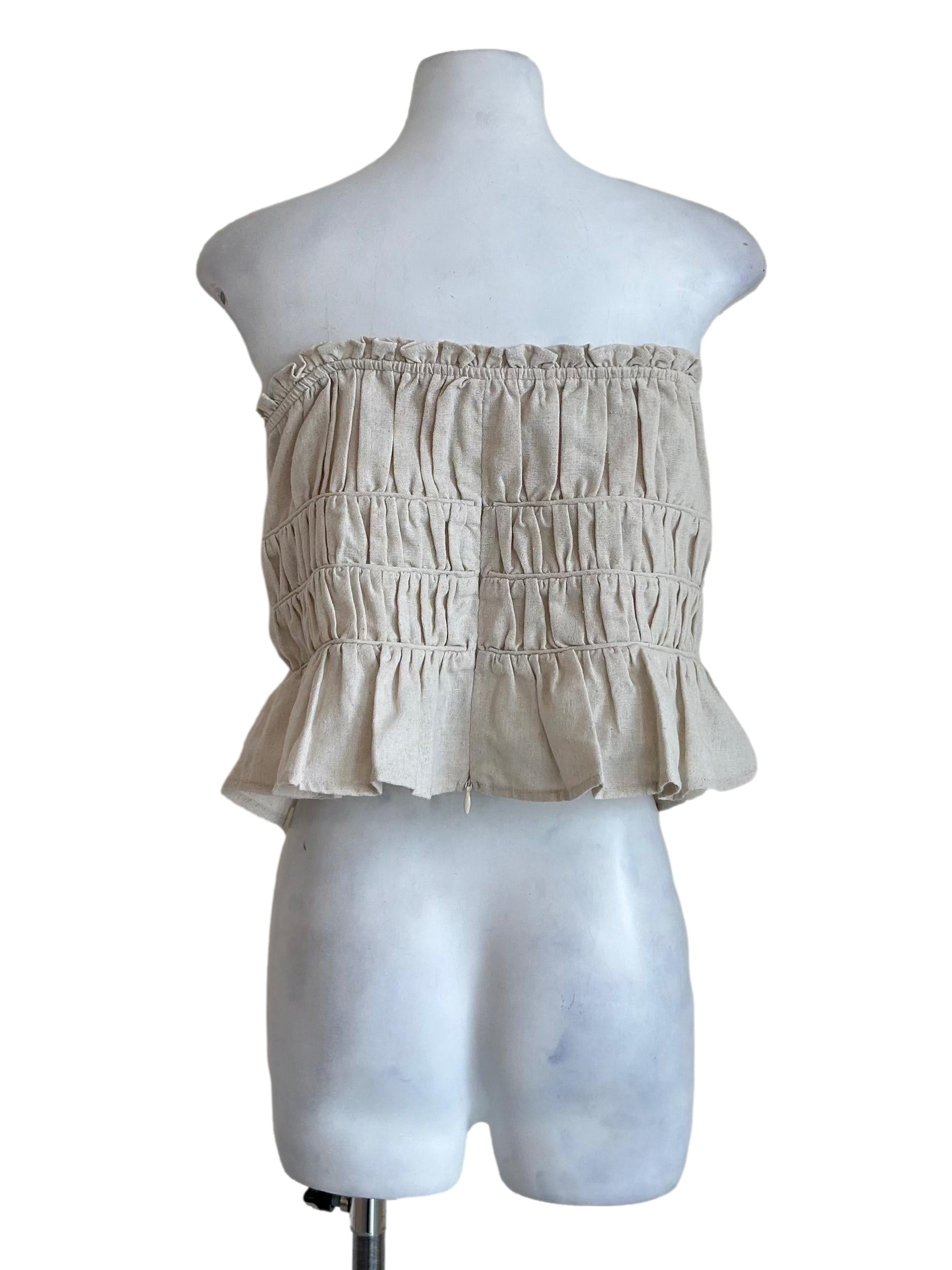 Beige Smocked Strapless Peplum Top