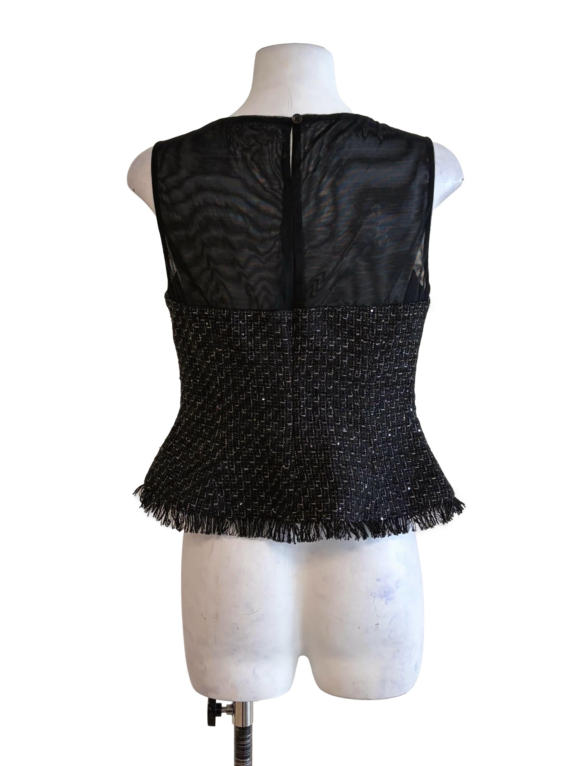 Onyx Black Tweed Ribbon Front Sleeveless Top