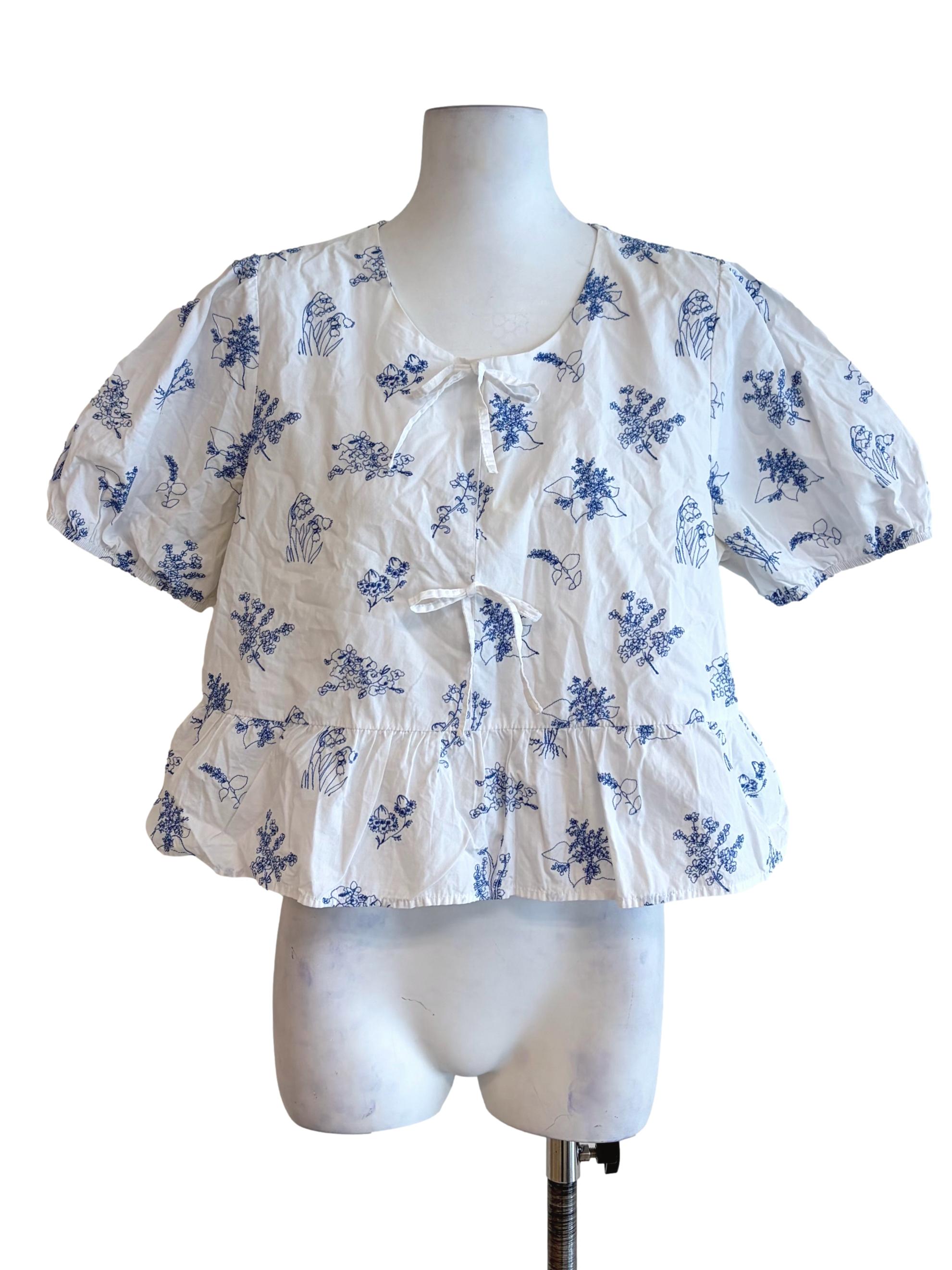 Snow White Blue Floral Embroidery Ribbon Front Puff Sleeve Top