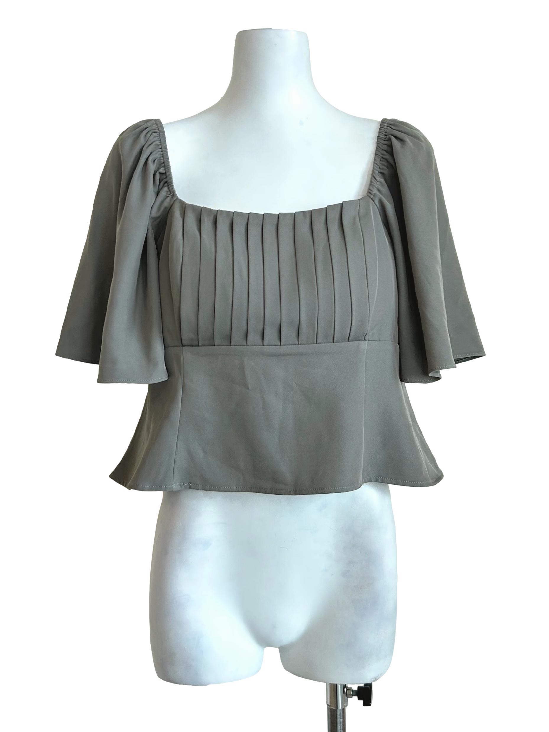 Stone Grey Pleated Square Neck Top