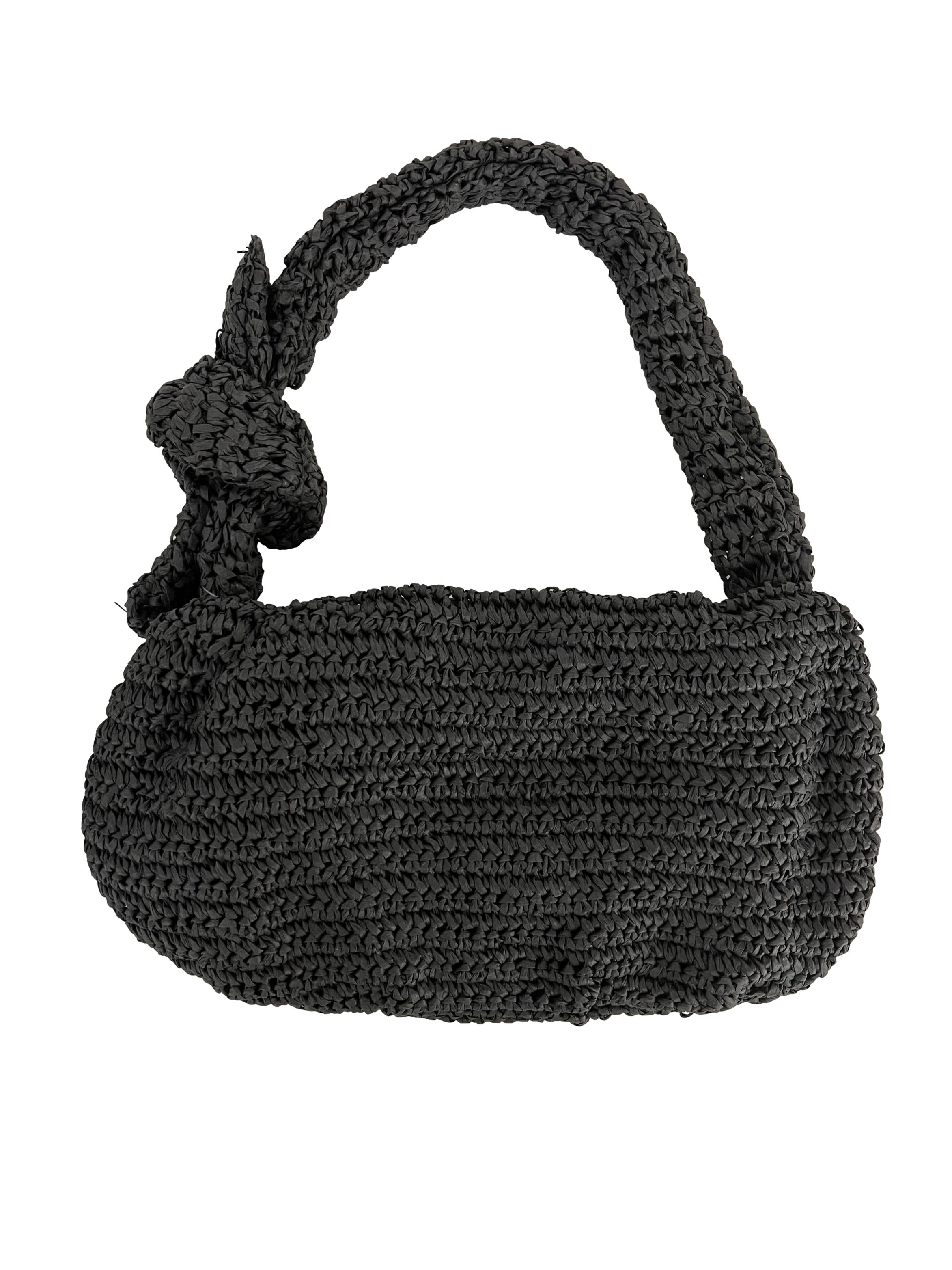 Black Sandy Straw Shoulder Bag With Knitted Handle