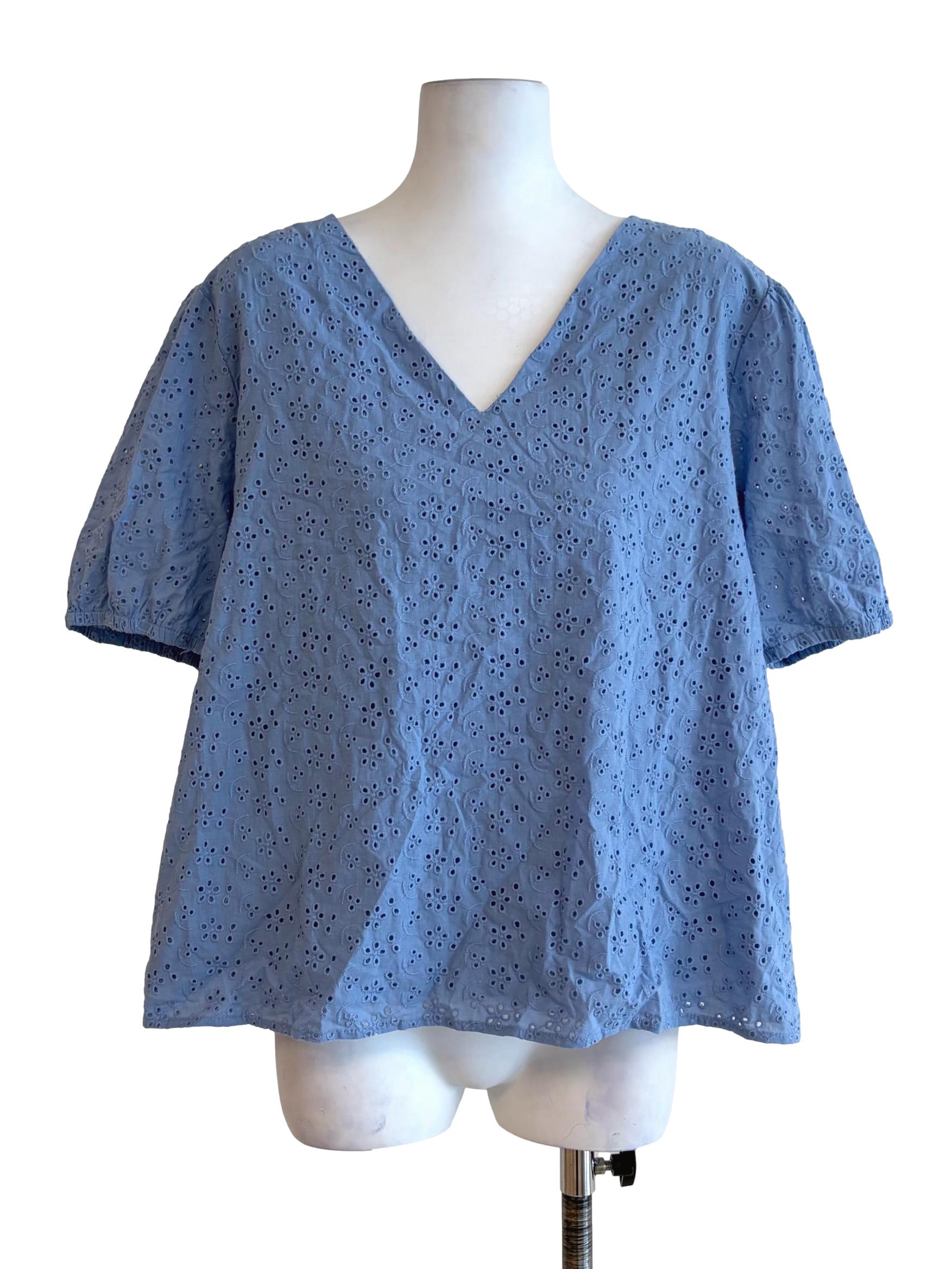 Sky Blue V-Neck Eyelet Ribbon Back Top TCL