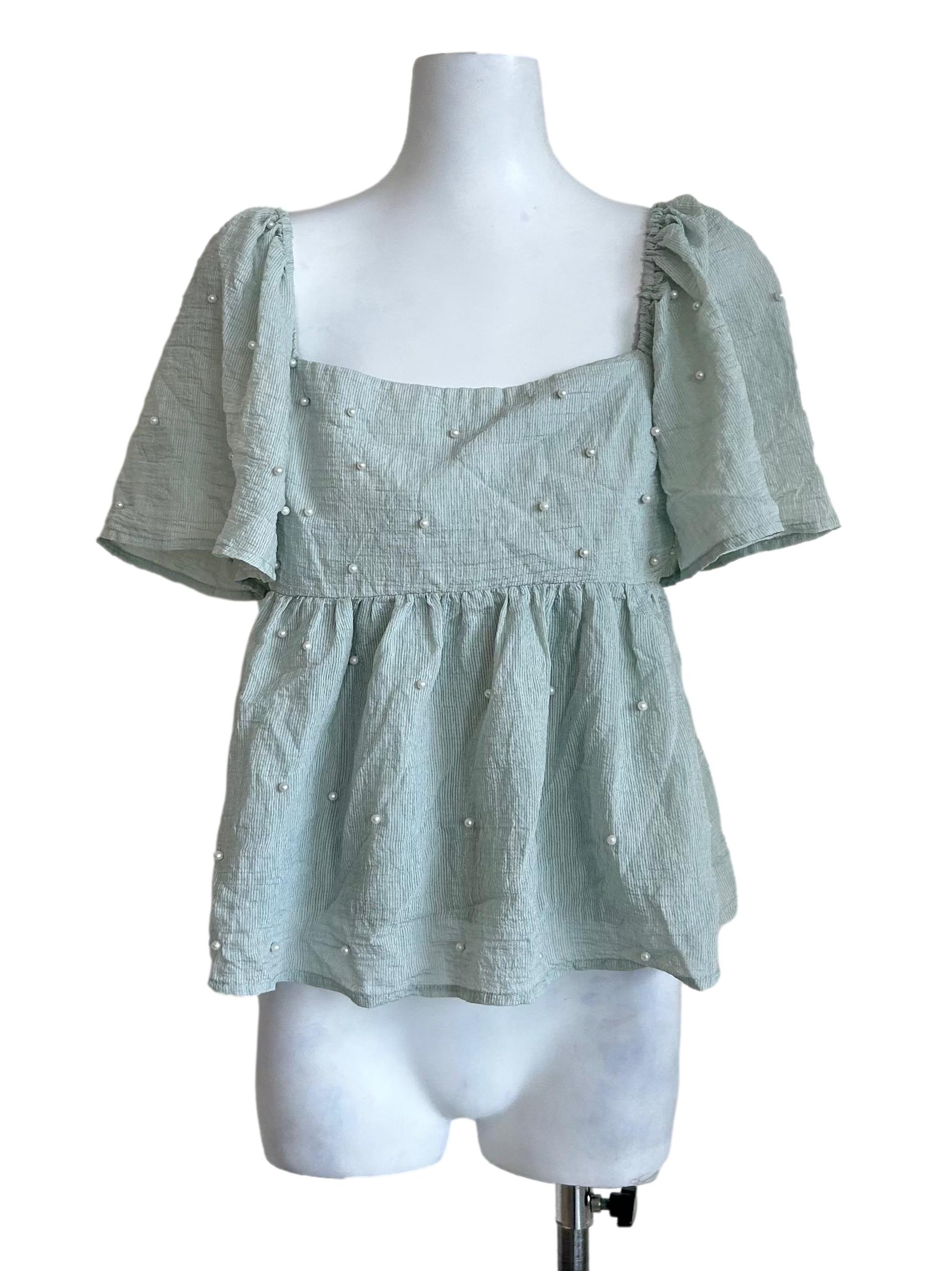 Mint Green Pearl Bead Peplum Top