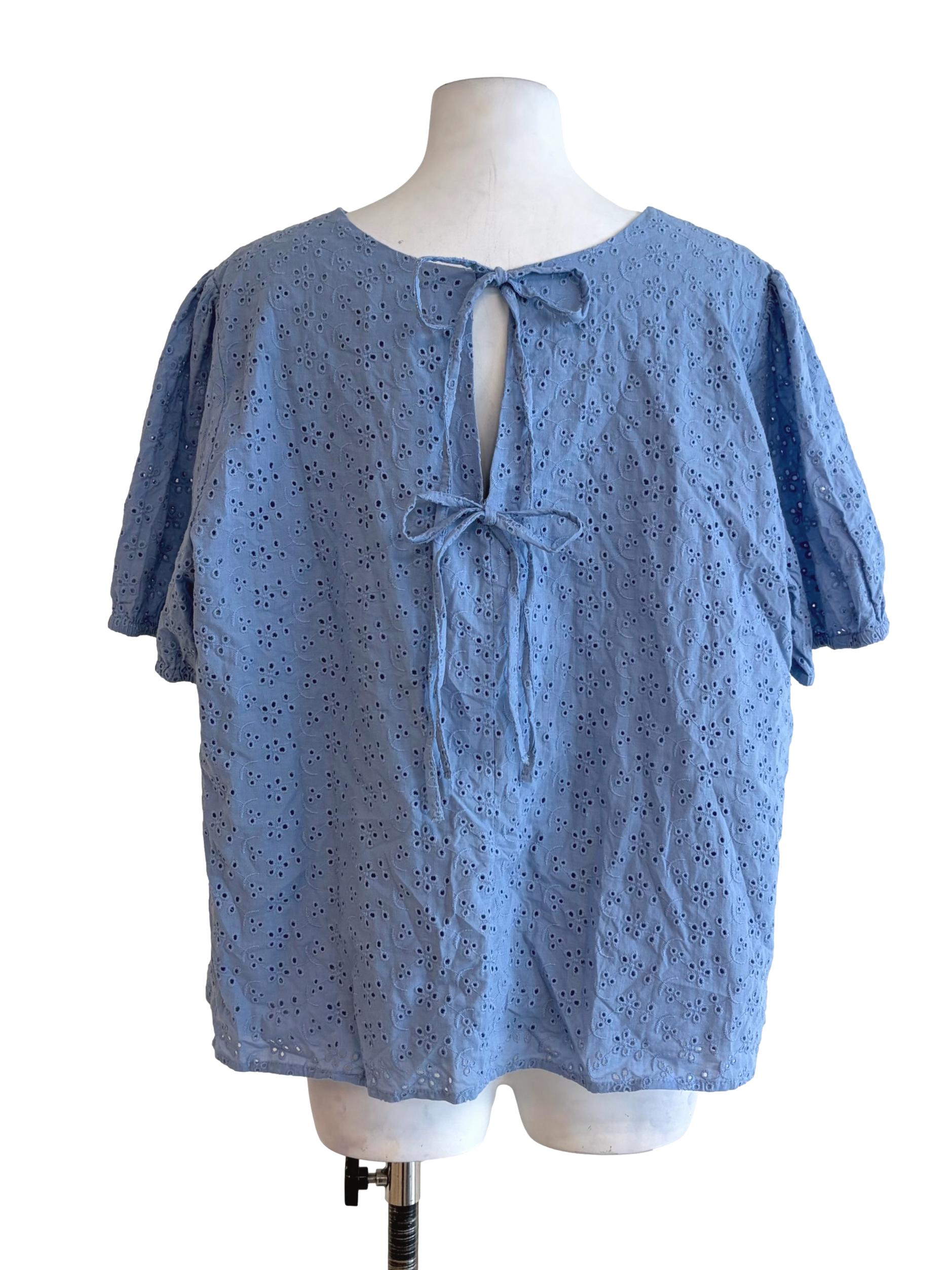 Sky Blue V-Neck Eyelet Ribbon Back Top TCL