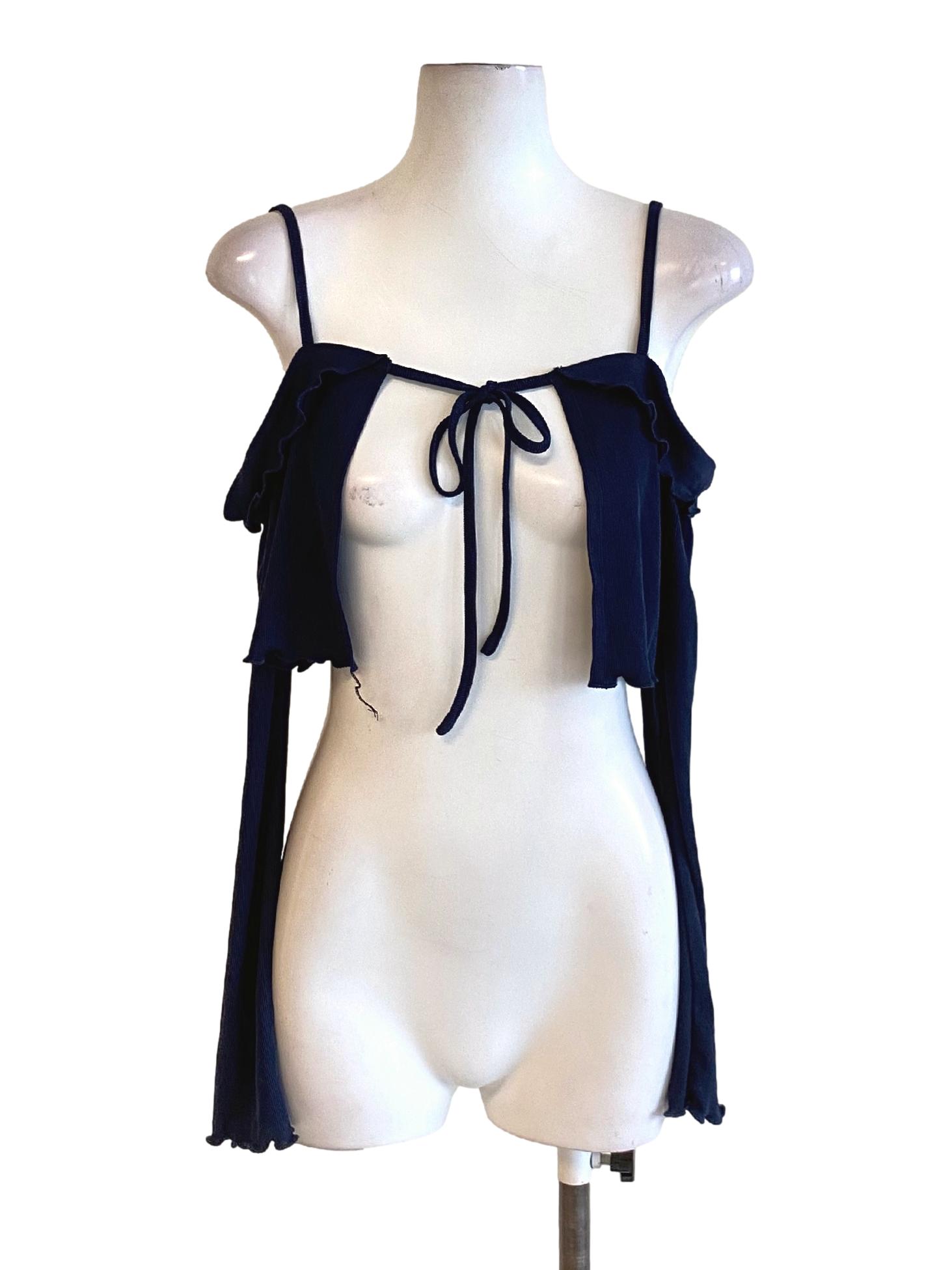 Navy Blue Spaghetti Strap Tie Front Buttonless Cropped Cardigan