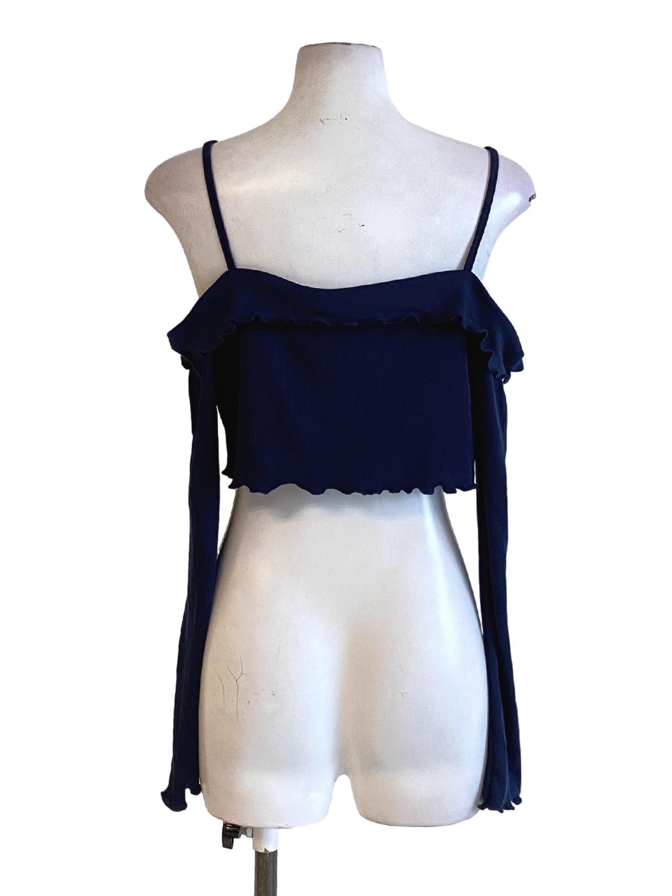 Navy Blue Spaghetti Strap Tie Front Buttonless Cropped Cardigan