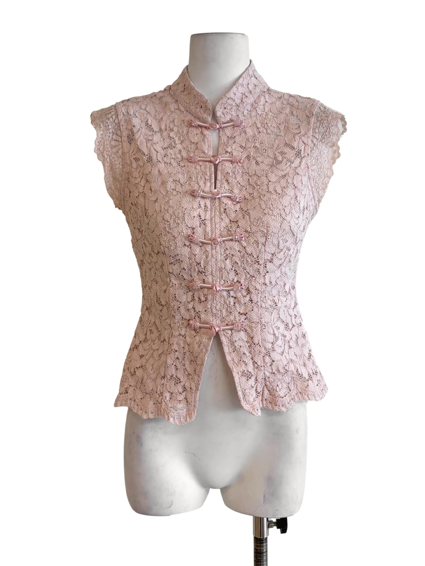Pastel Pink Floral Lace Mandarin Collar Lace Vest