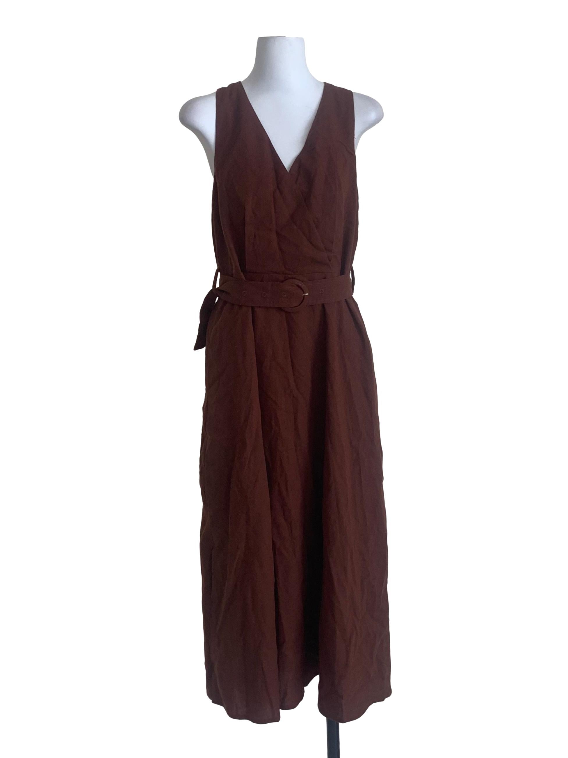 Pecan Brown Deep V Neck Dress
