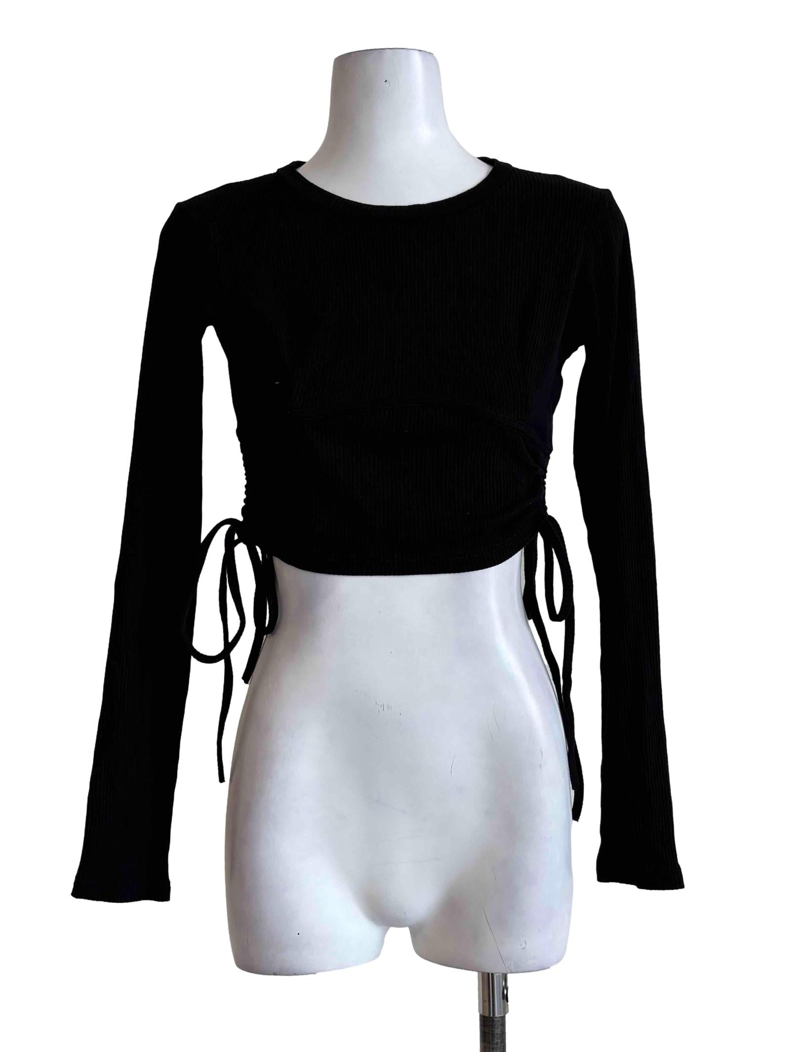 Black Side Tie Ribbed Top