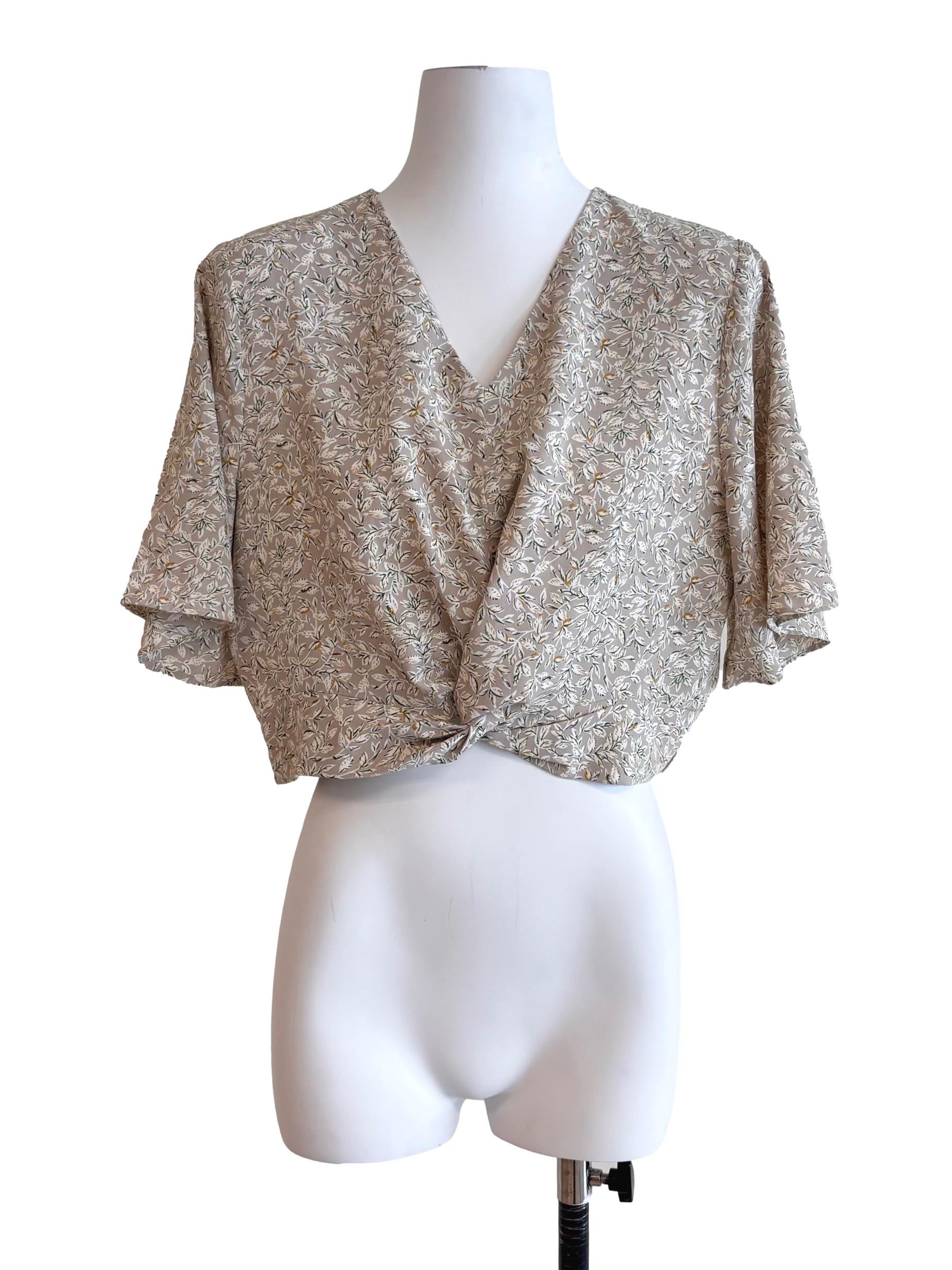 Beige Floral Pattern Twist Front Top