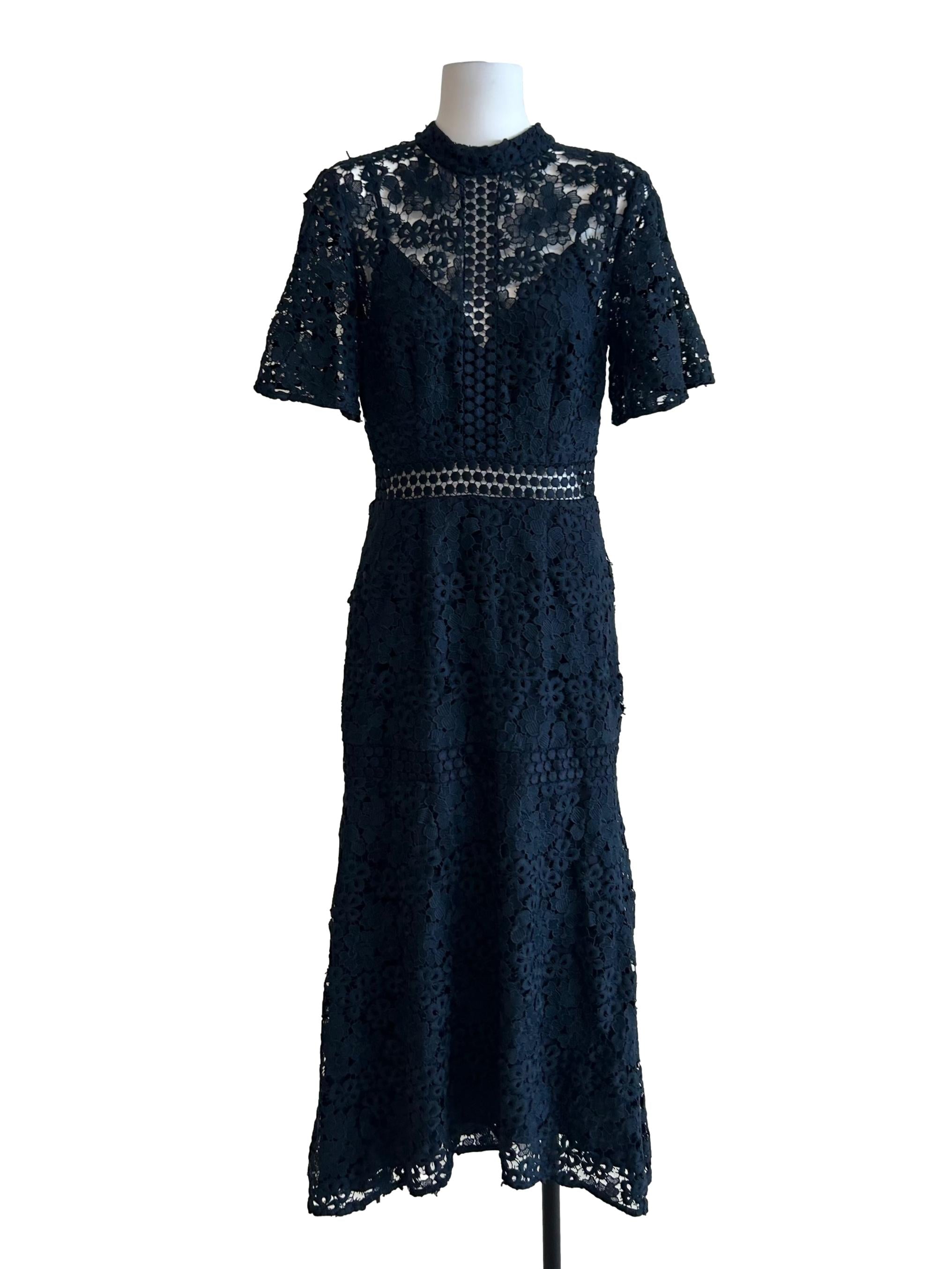 Navy Blue Lace High Neck Dress