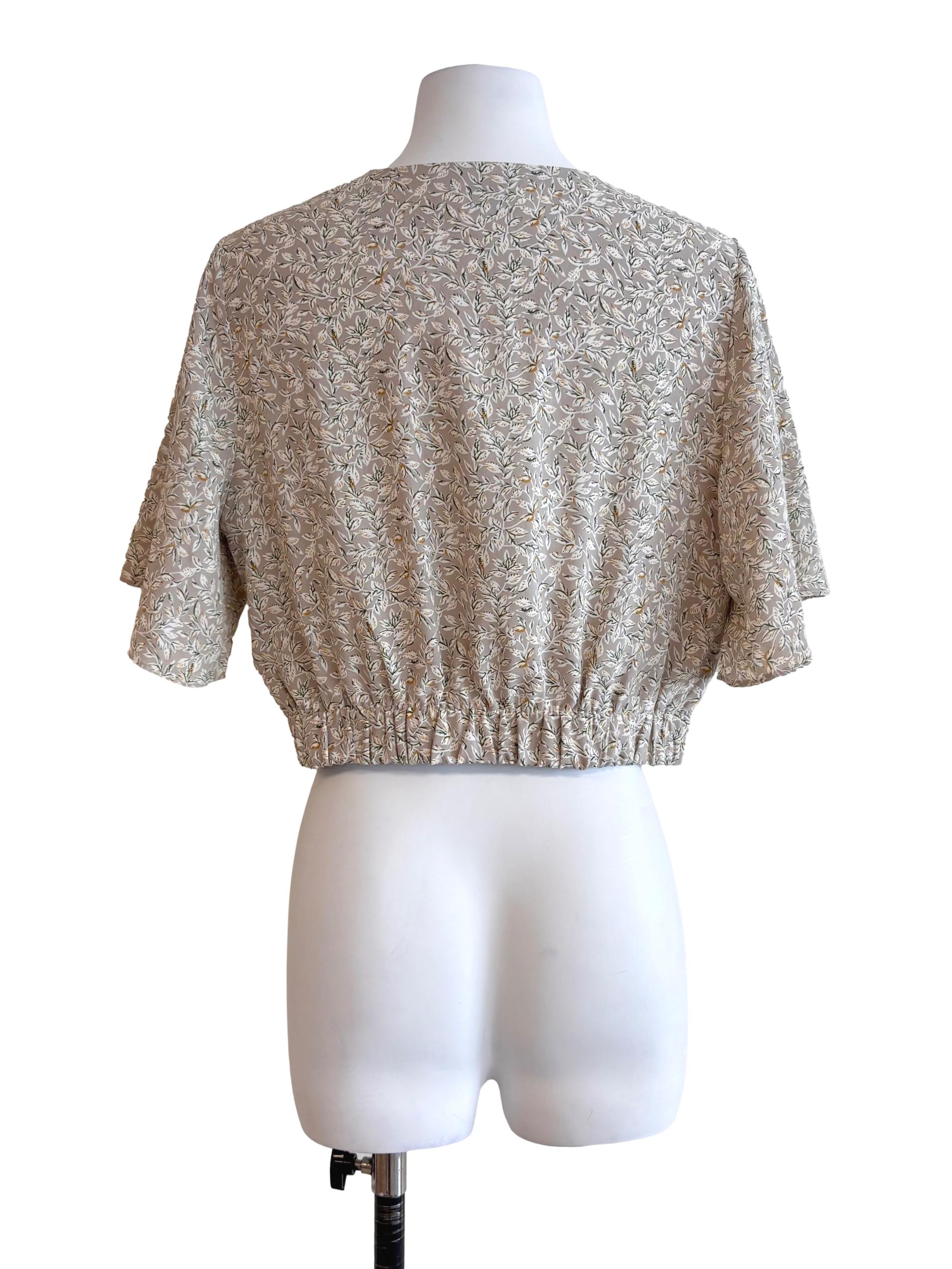 Beige Floral Pattern Twist Front Top