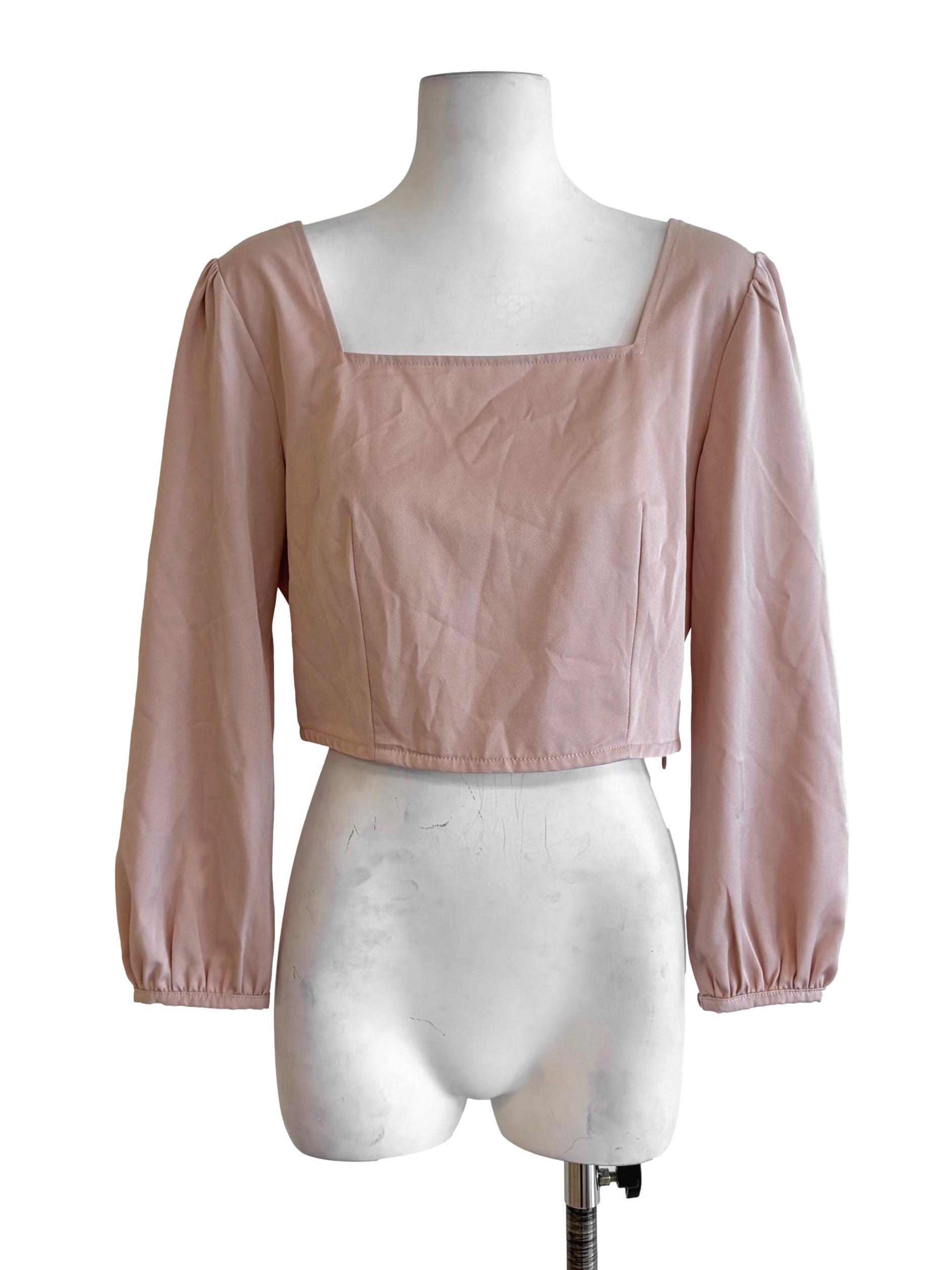 Blush Pink Long Sleeve Square Neck Crop Top