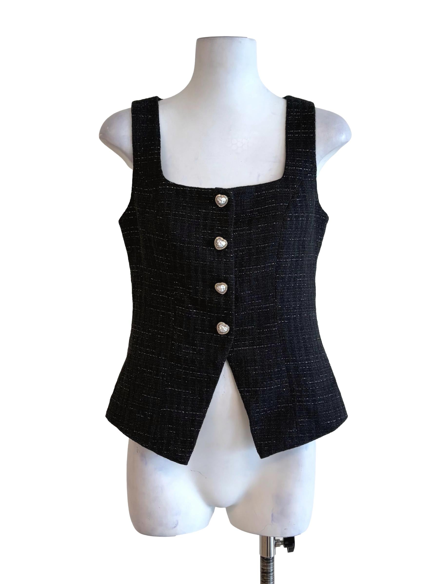 Jade Black Tweed Sleeveless Heart Buttoned Top