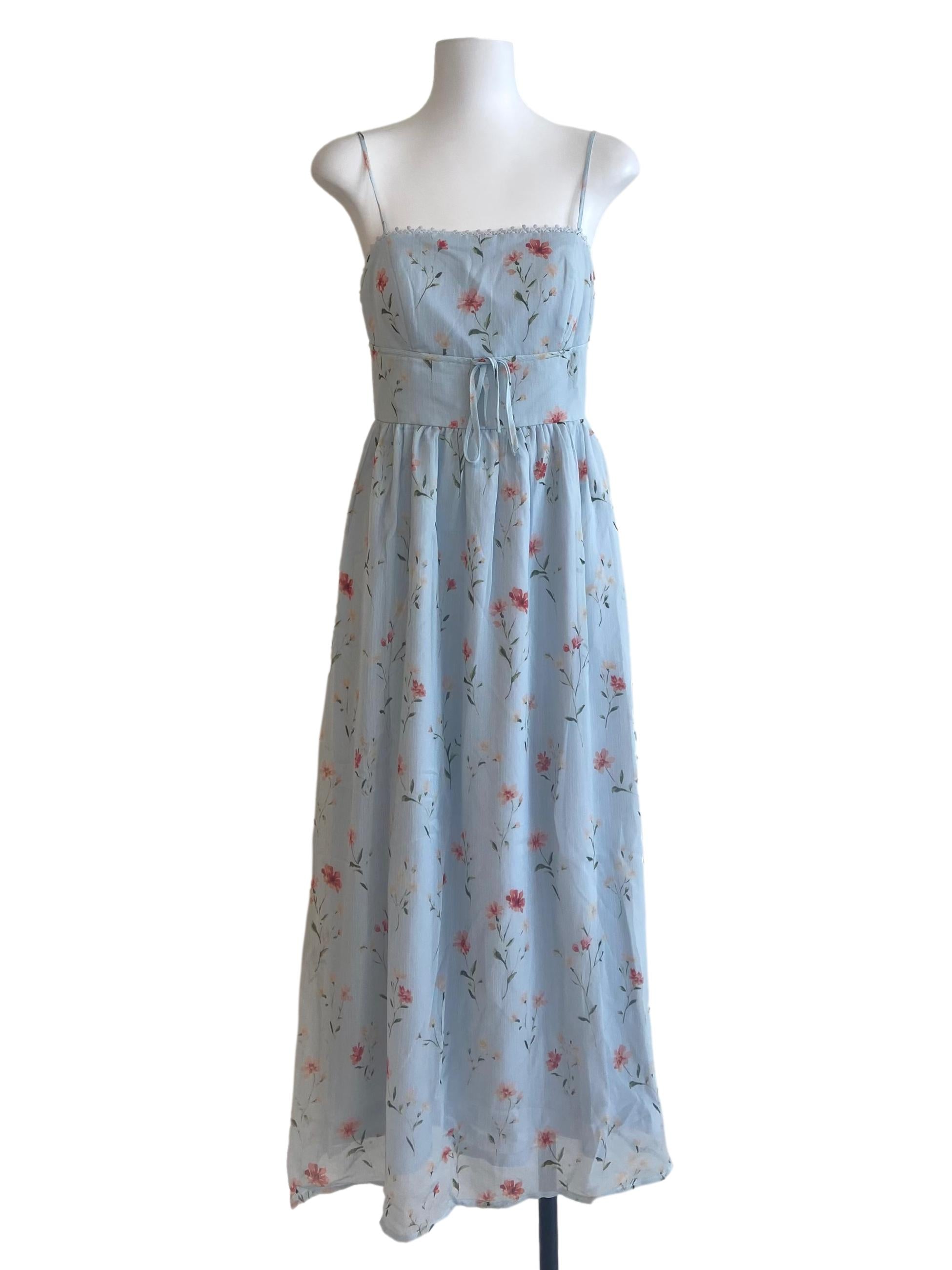 Snow Blue Spaghetti Straps Floral Empire Dress
