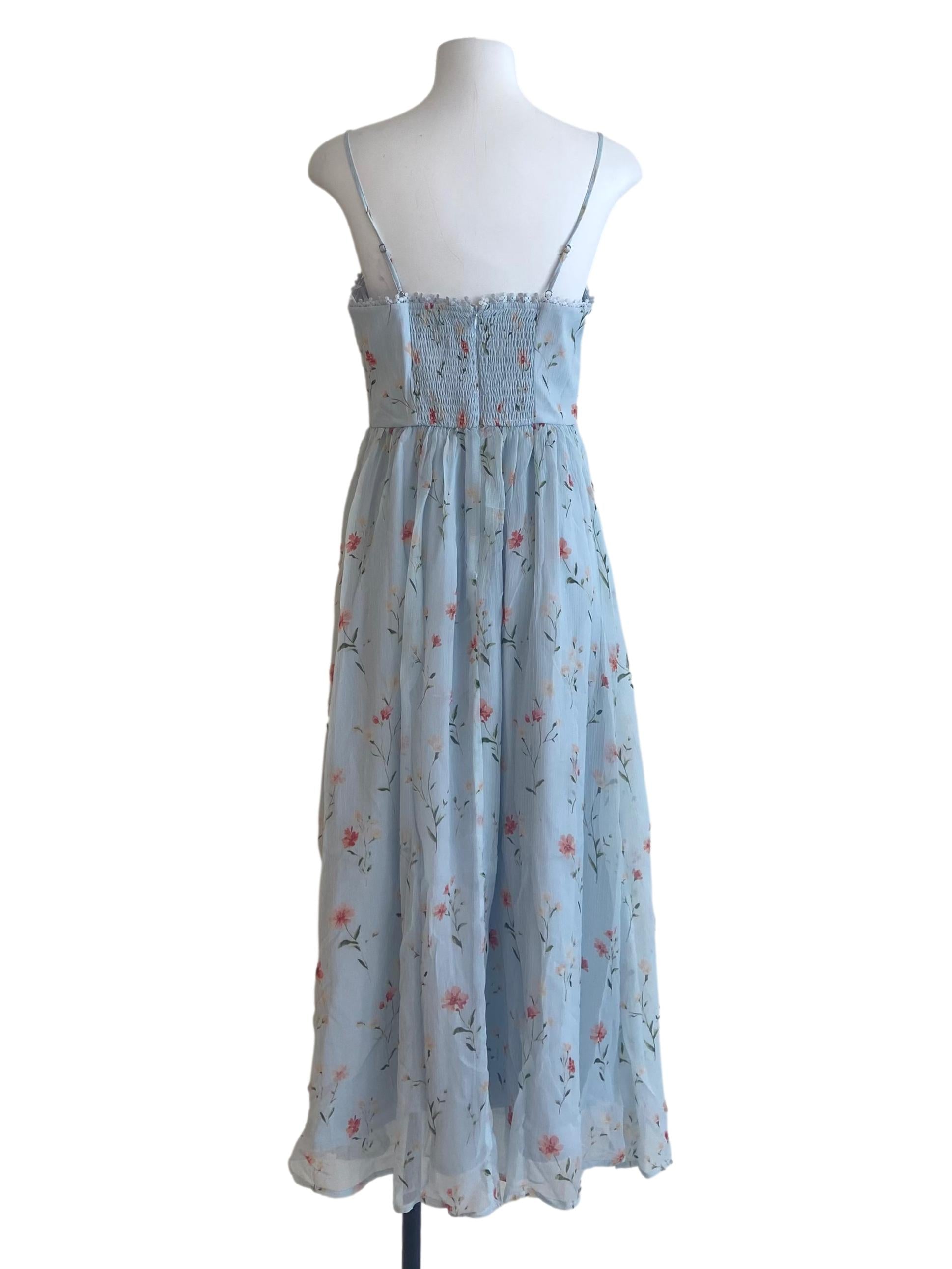 Snow Blue Spaghetti Straps Floral Empire Dress
