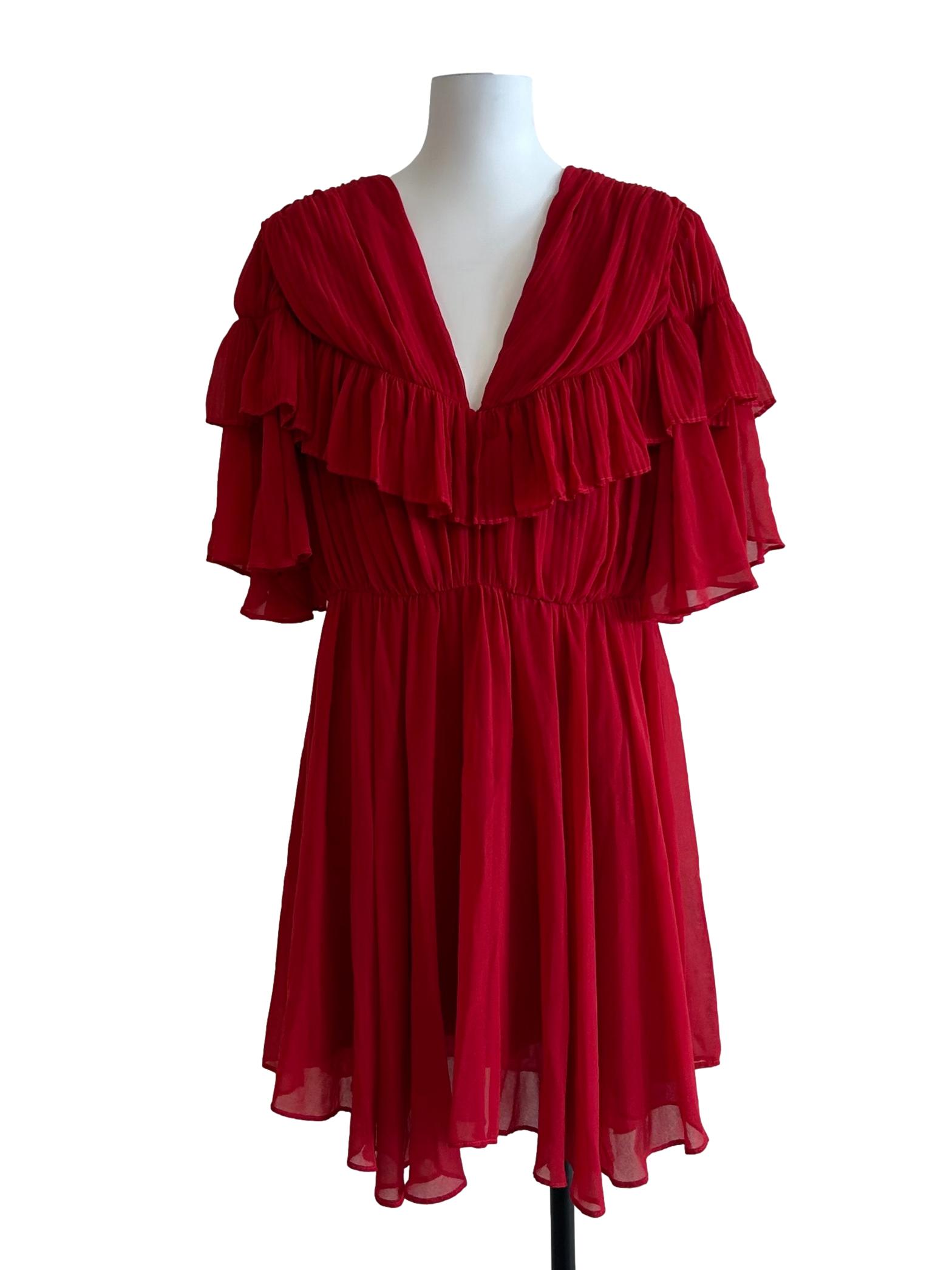 Candy Red Pleated Chiffon Dress