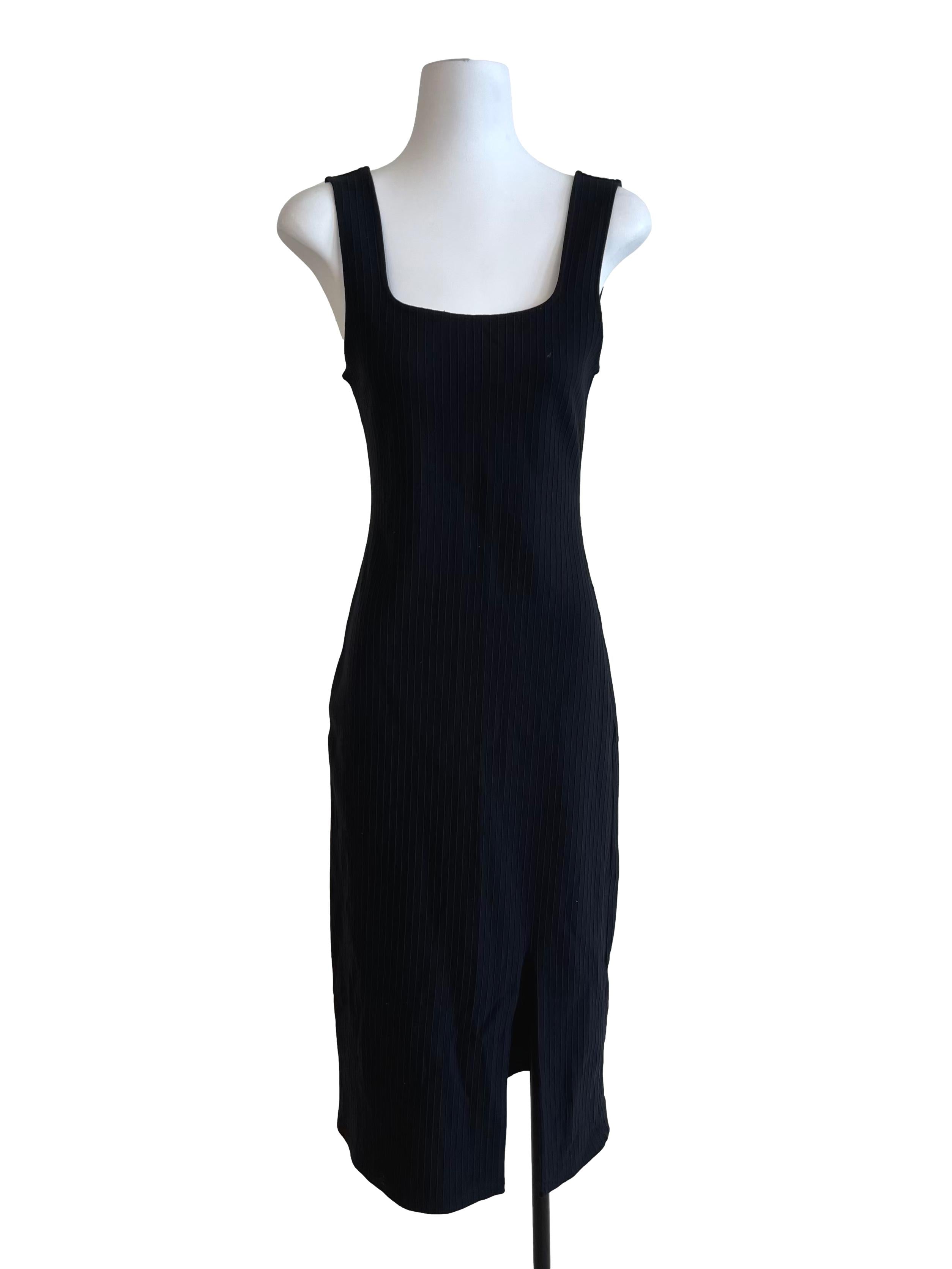 Black Square Neck Ribbed Bodycon Dress