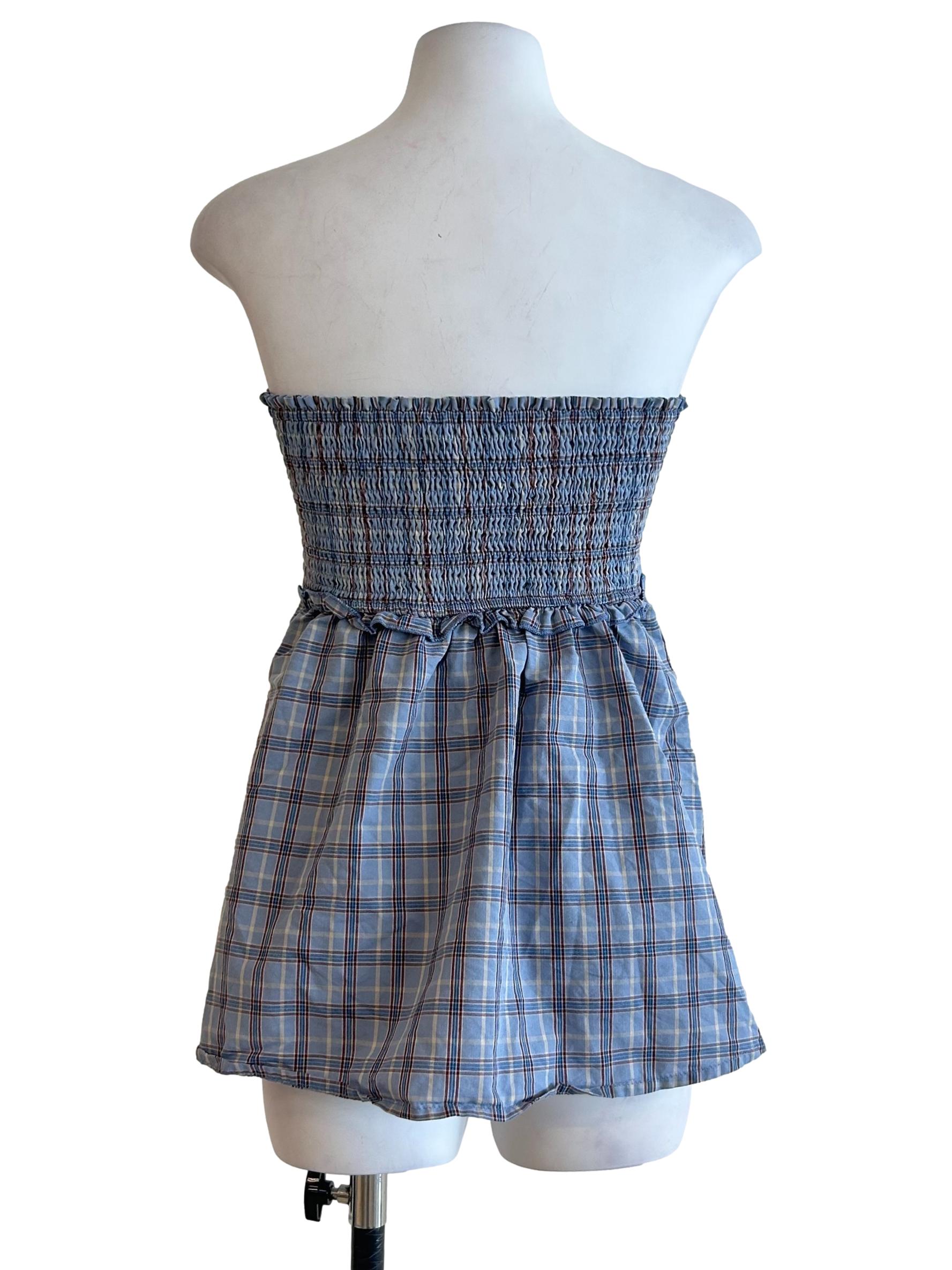 Blue Plaid Smocked Tube Top