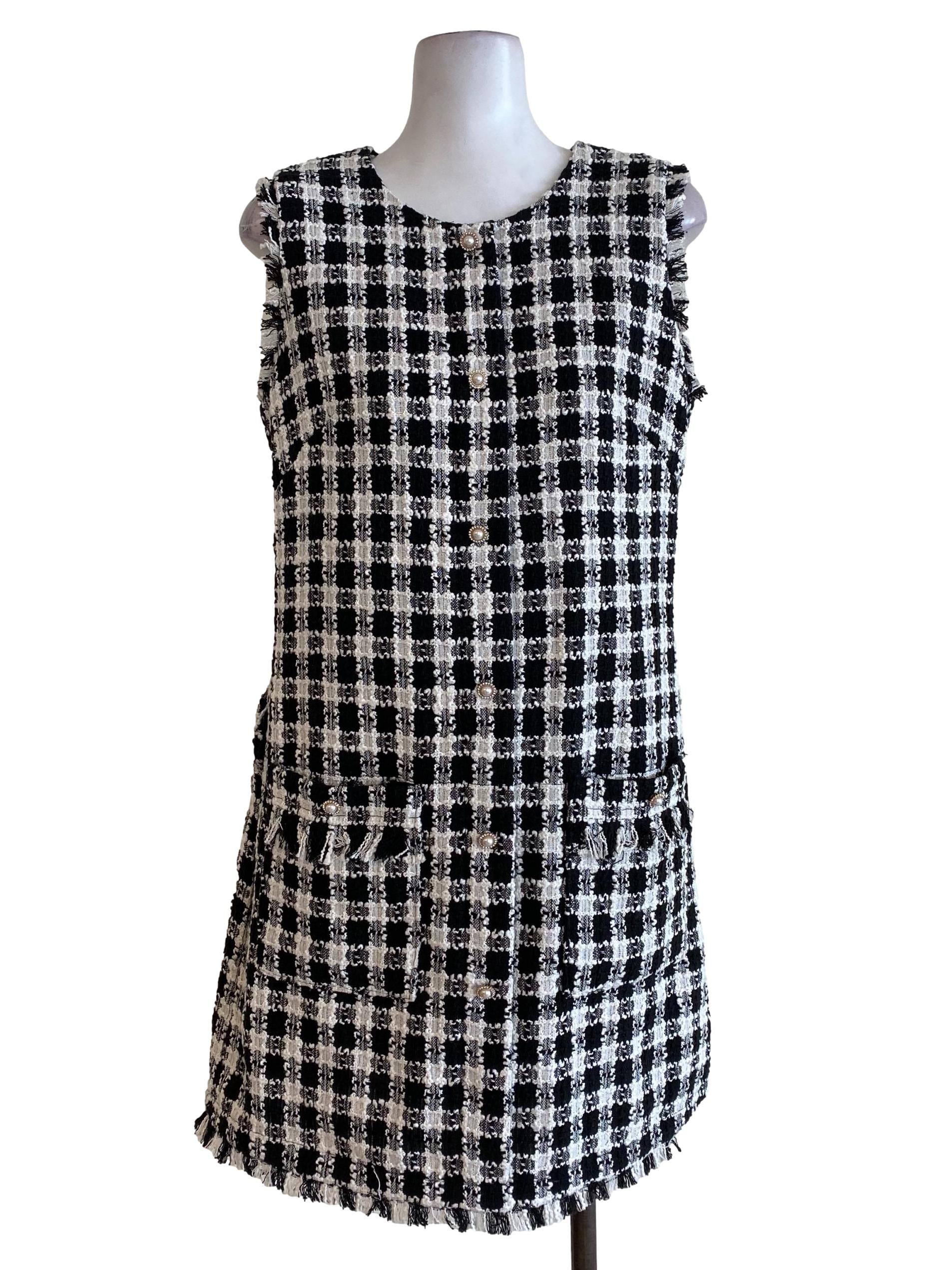White Black Gingham Tweed Dress