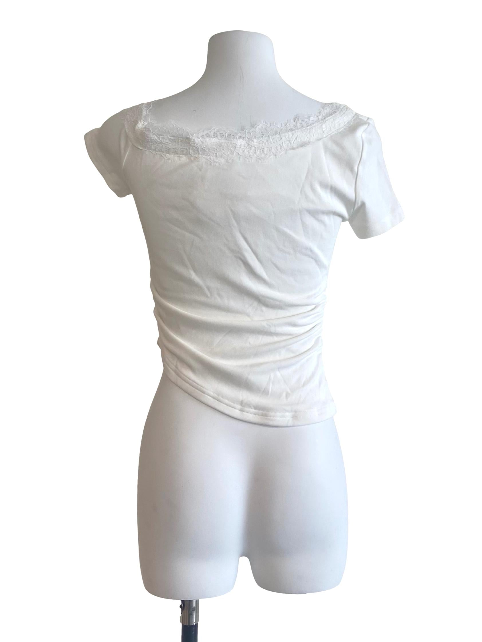 White Neck Lace Asymmetric Blouse