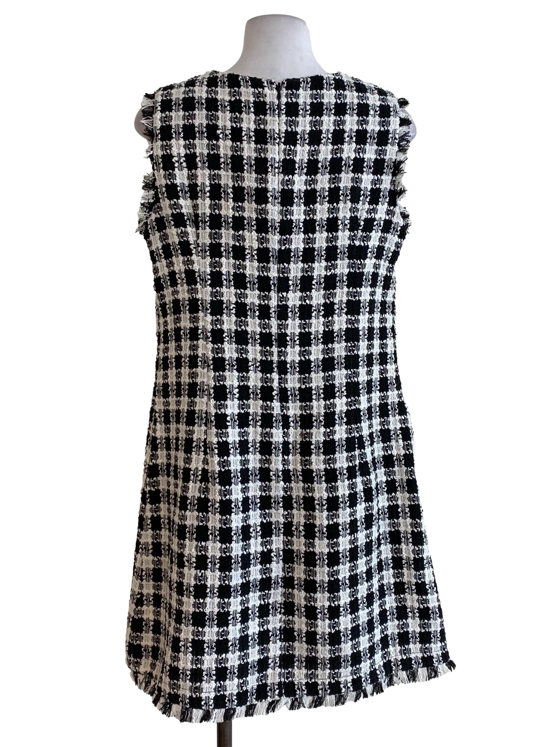 White Black Gingham Tweed Dress