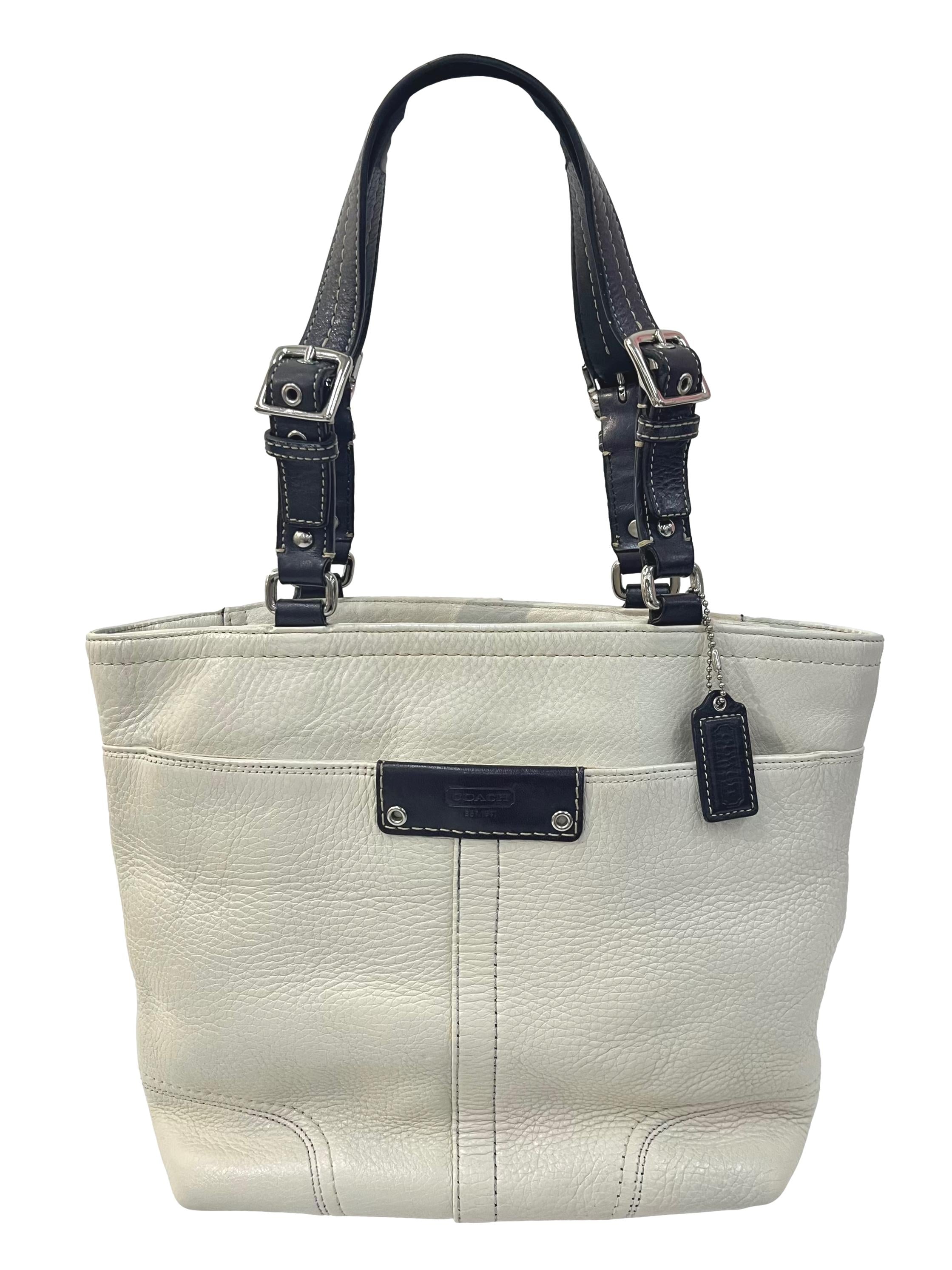 Vintage White Black Pebbled Leather Hamilton Tote Shoulder Bag