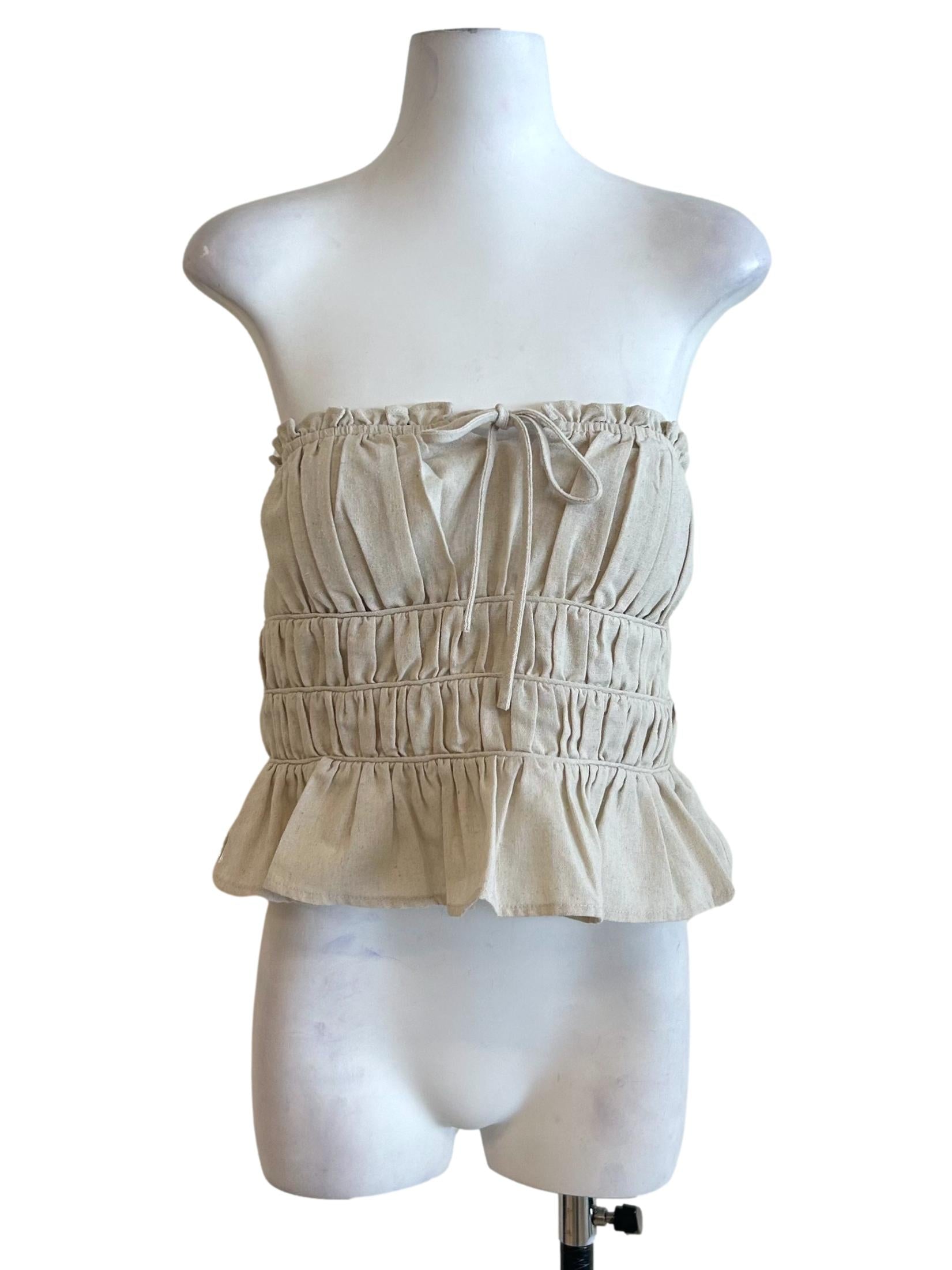 Beige Smocked Strapless Peplum Top