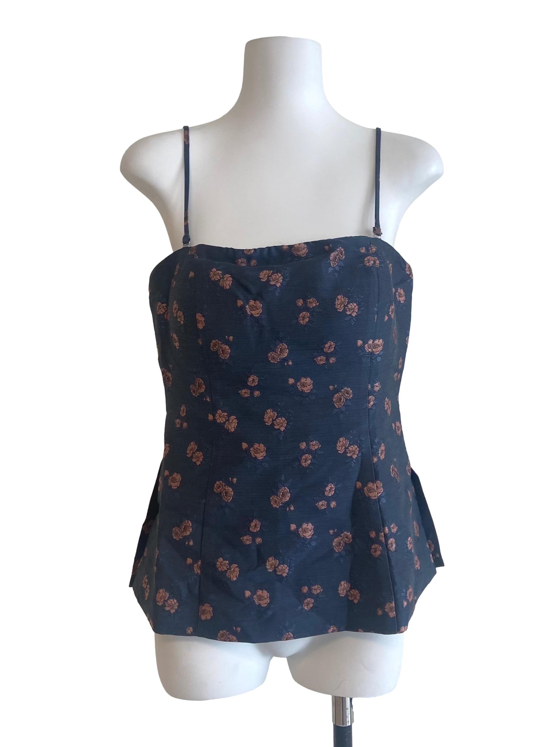 Navy Blue Spaghetti Straps Floral Slit Blouse