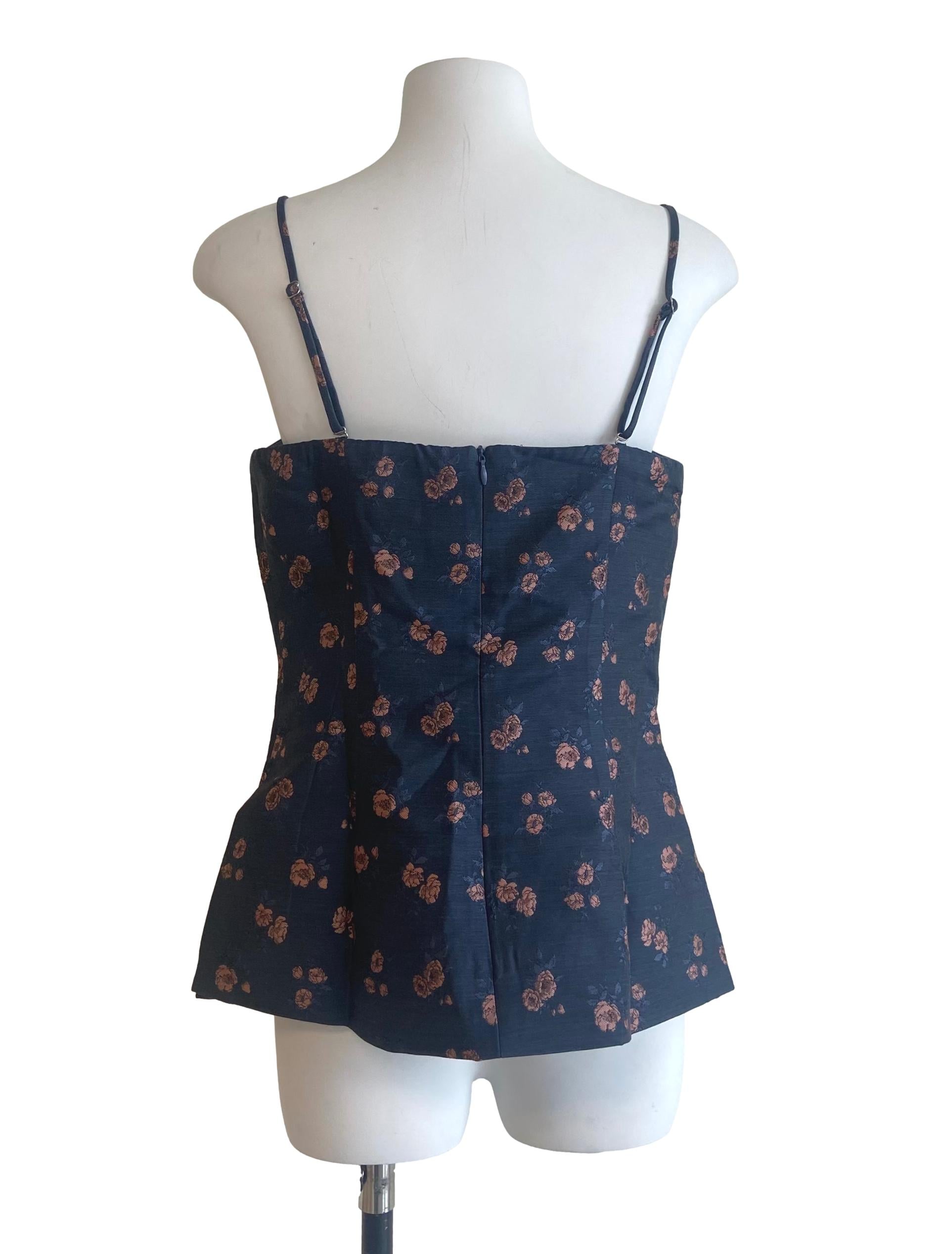 Navy Blue Spaghetti Straps Floral Slit Blouse