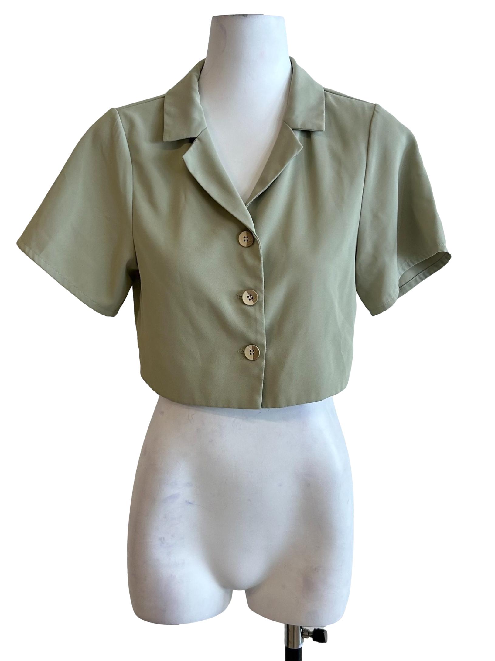 Olive Green Cropped Button Up Shirt