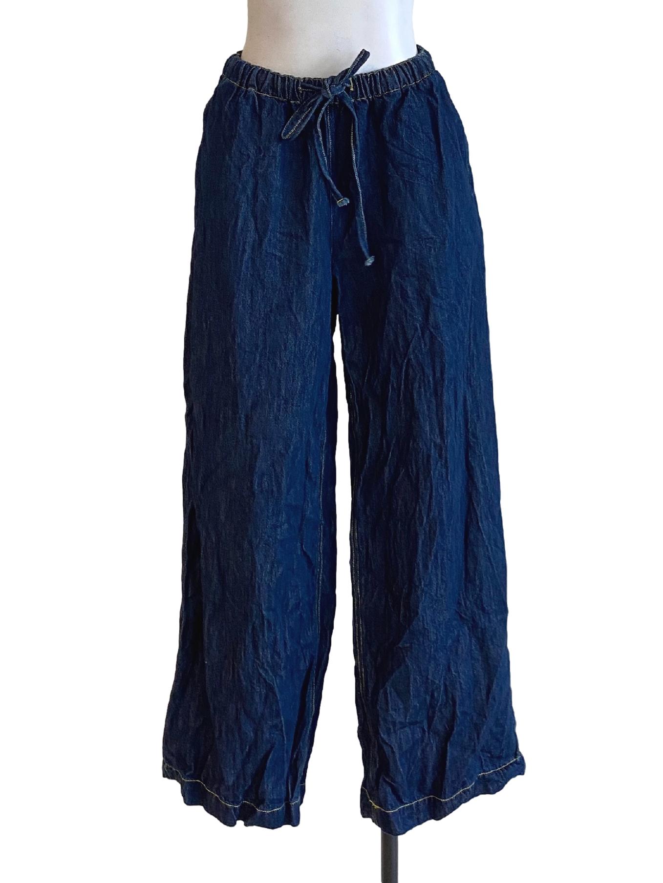 Denim Blue Stretchy Waist Tie Front Denim Pants TTR