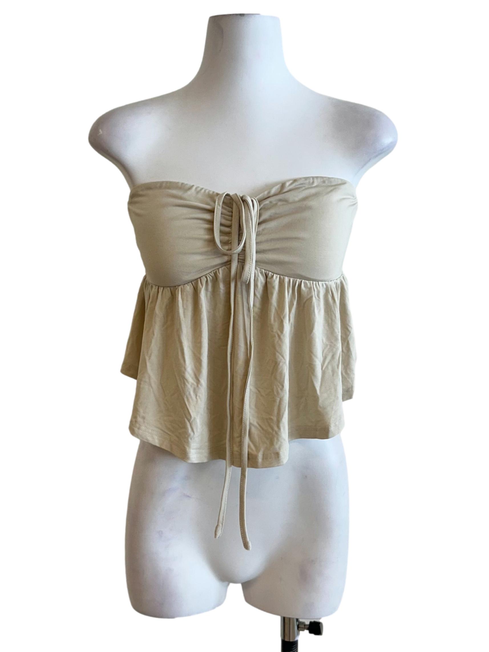 Beige Ruched Strapless Tie Top